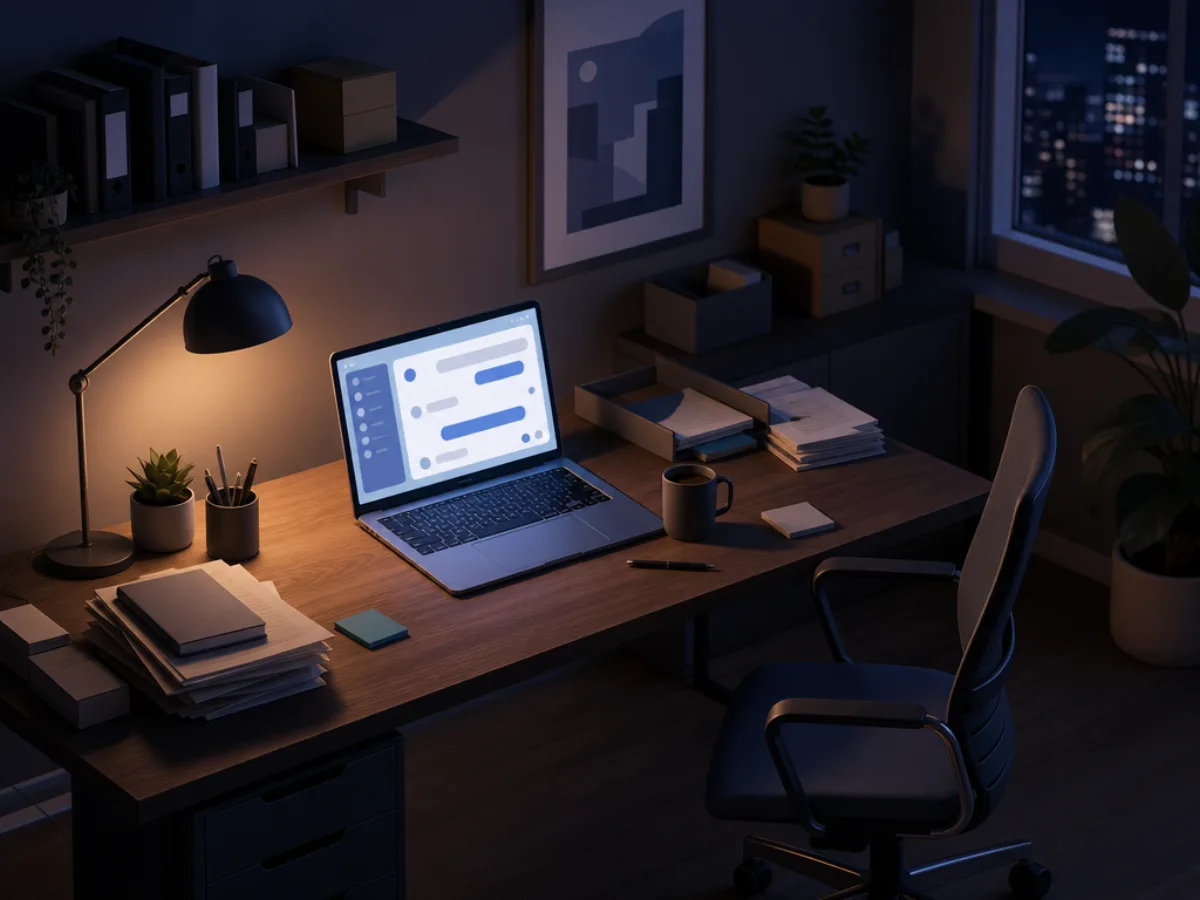 A laptop on a workshop bench showing a chat window, next to an empty office chair at night