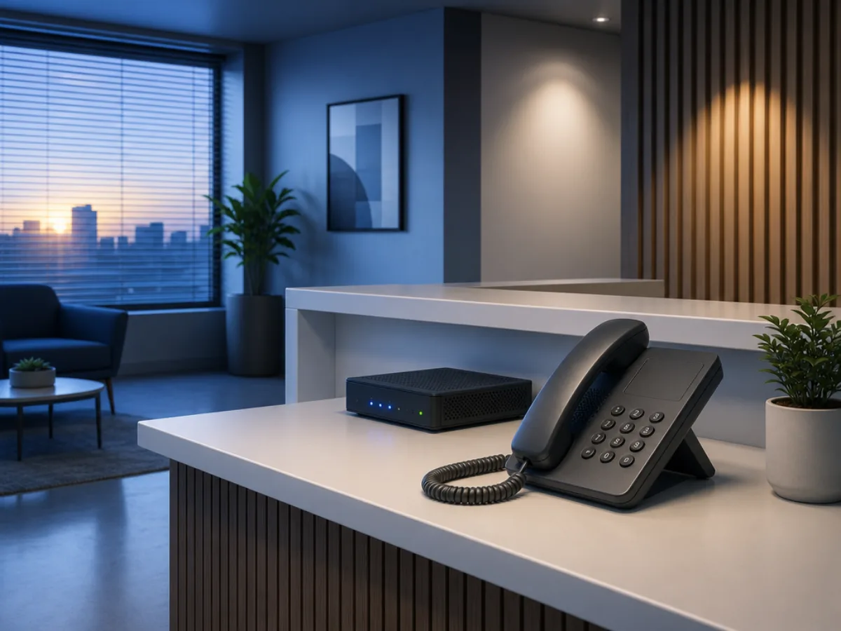 A desk phone beside a small glowing server light in a quiet office at dawn