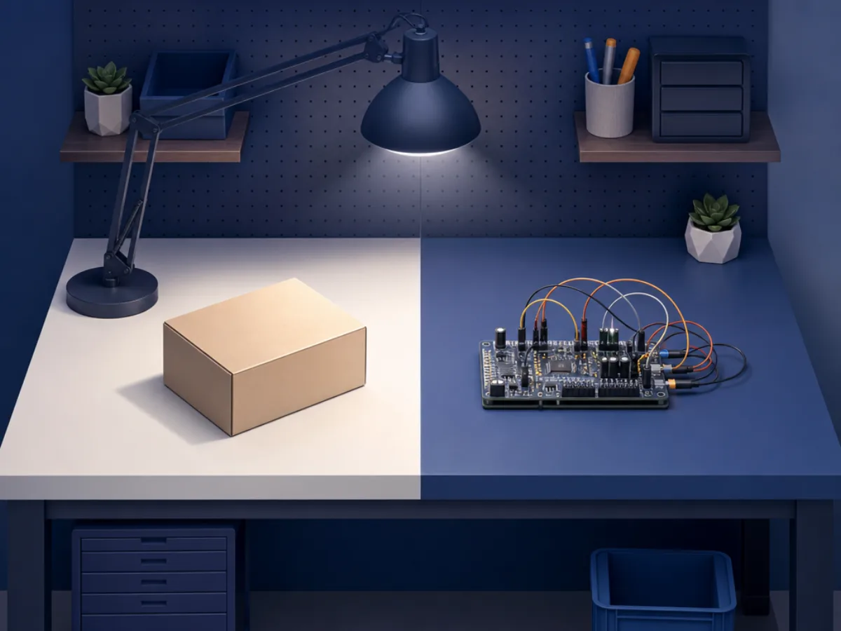 A workbench split between a boxed off-the-shelf device and a hand-wired circuit board