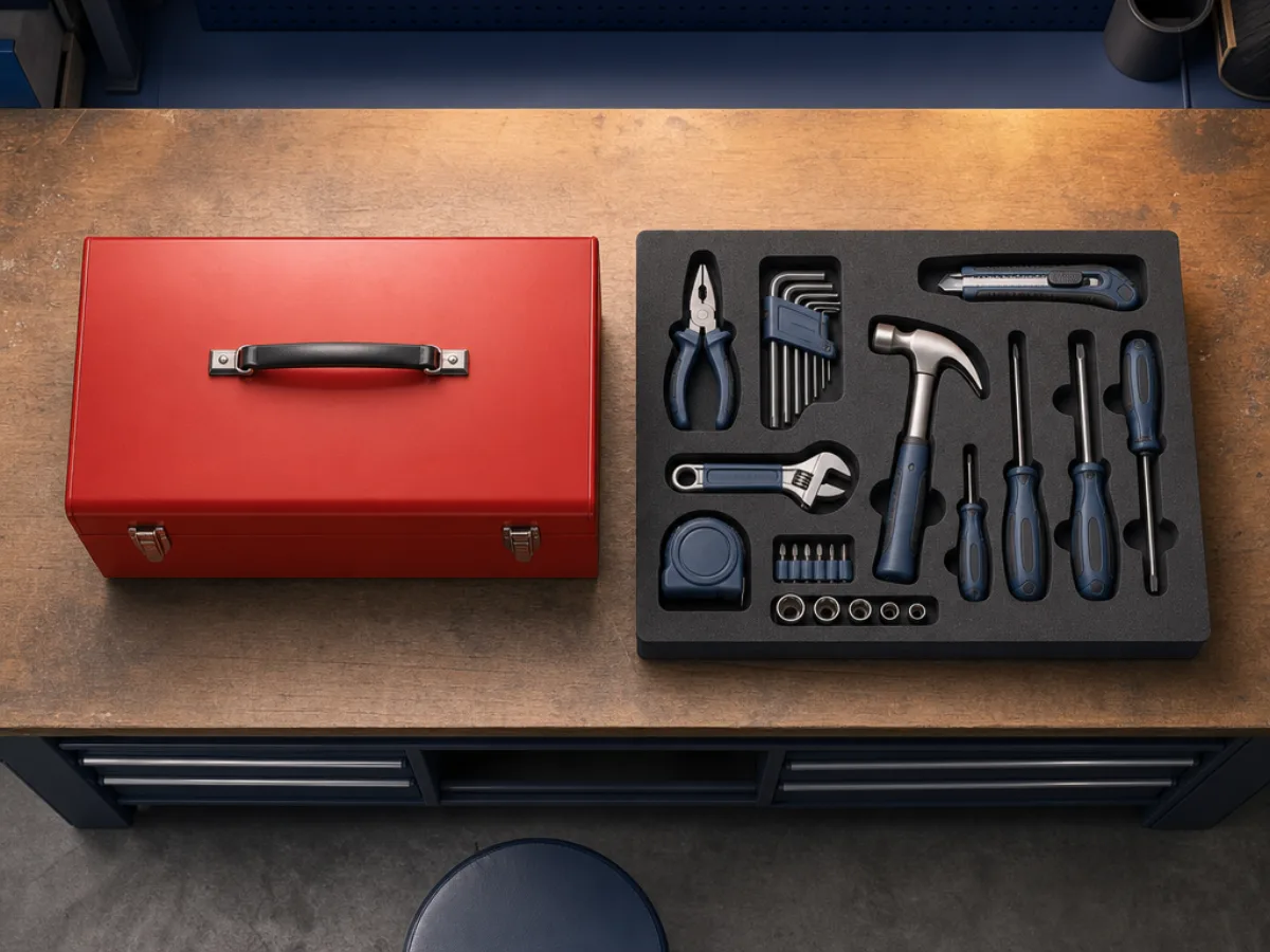 A generic toolbox beside a custom-fitted tool tray on a workshop bench