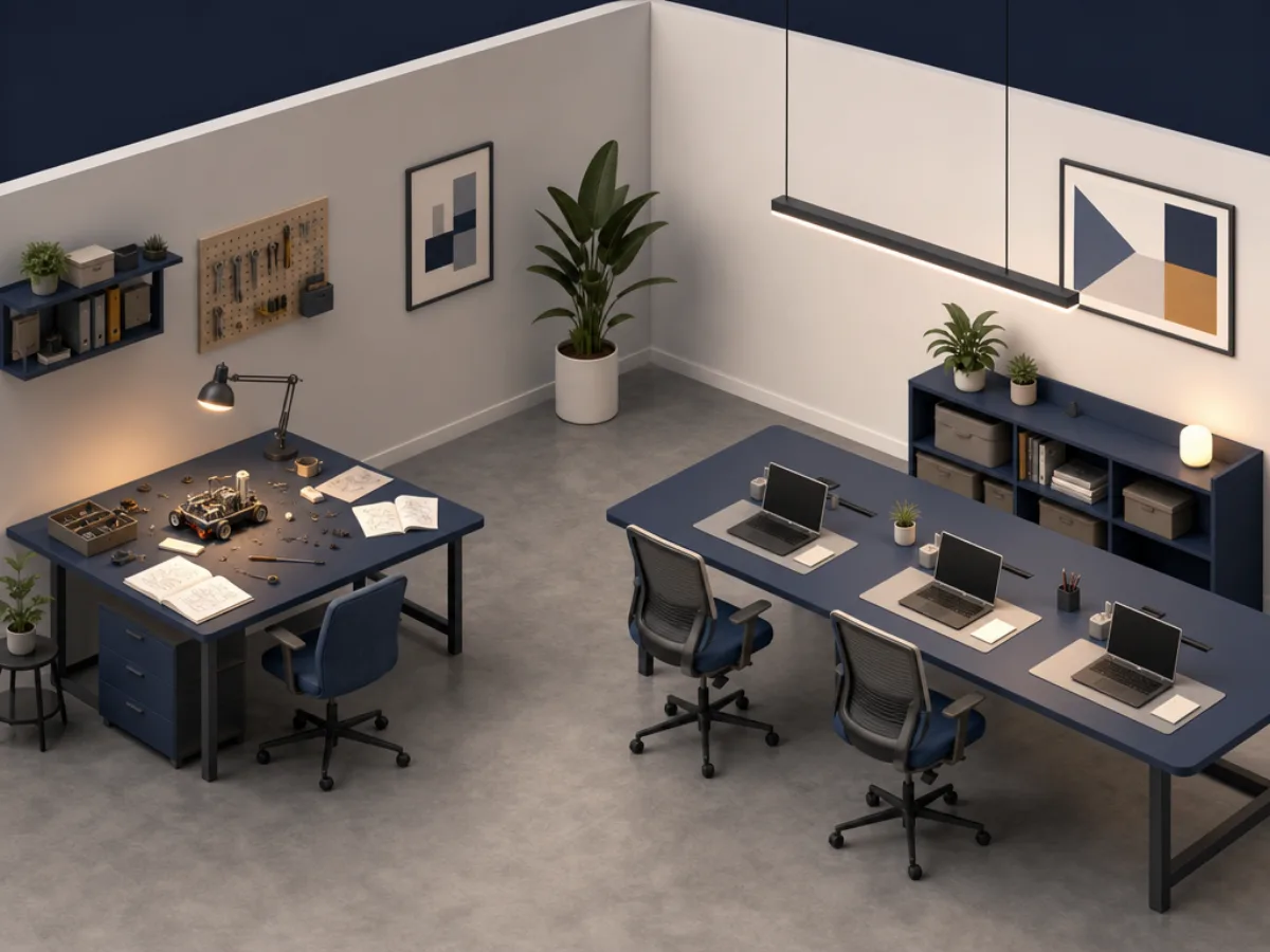 A single desk with a half-finished project beside a shared table with several workstations