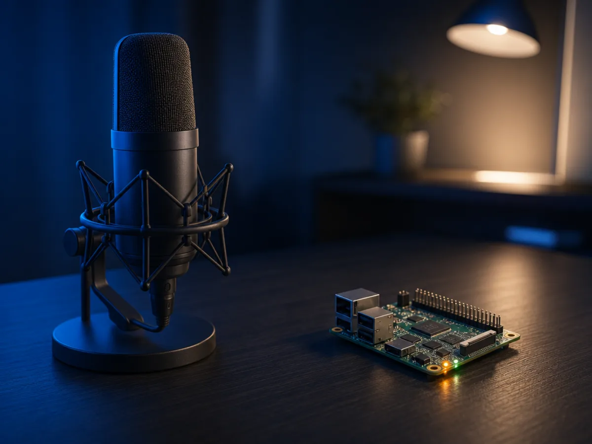 A studio microphone beside a small server board, both lit on a dark desk