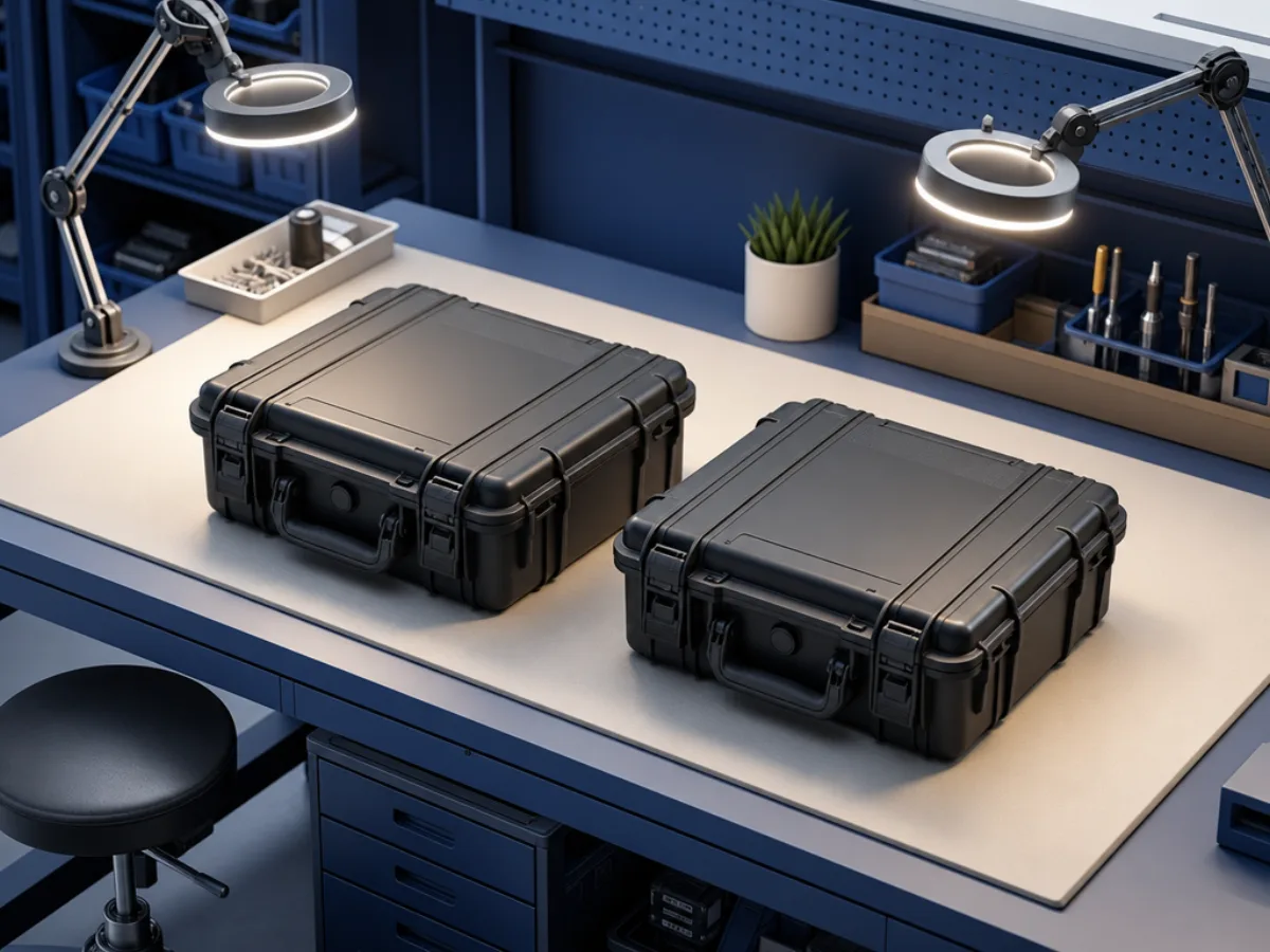Two identical unopened equipment cases on a workbench under inspection lights