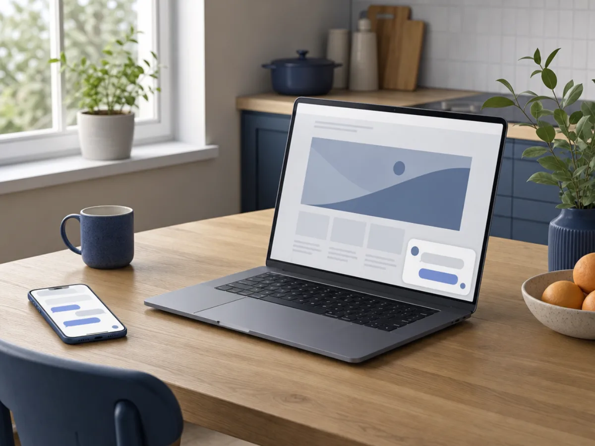 A phone showing a text thread beside a laptop showing a website chat bubble