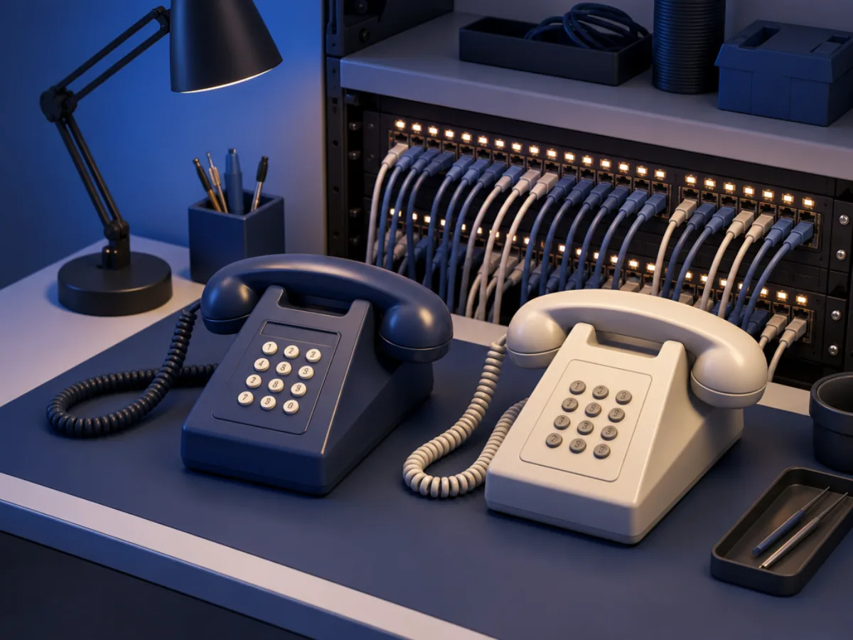 Two telephone handsets on a desk connected to a patch panel with glowing cables
