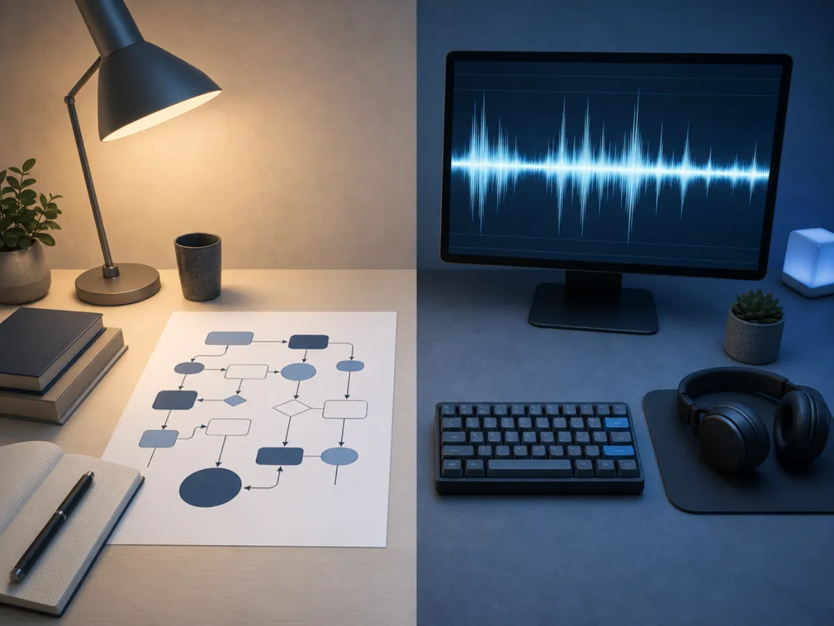 A split workbench with a flowchart diagram on one side and a sound waveform on the other