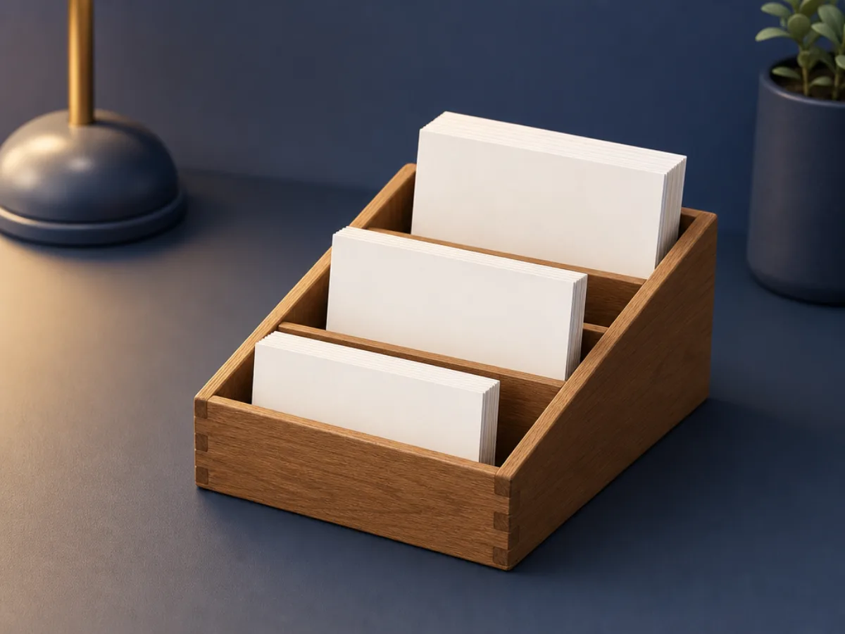 A sorting tray on a desk with three labeled slots holding paper cards