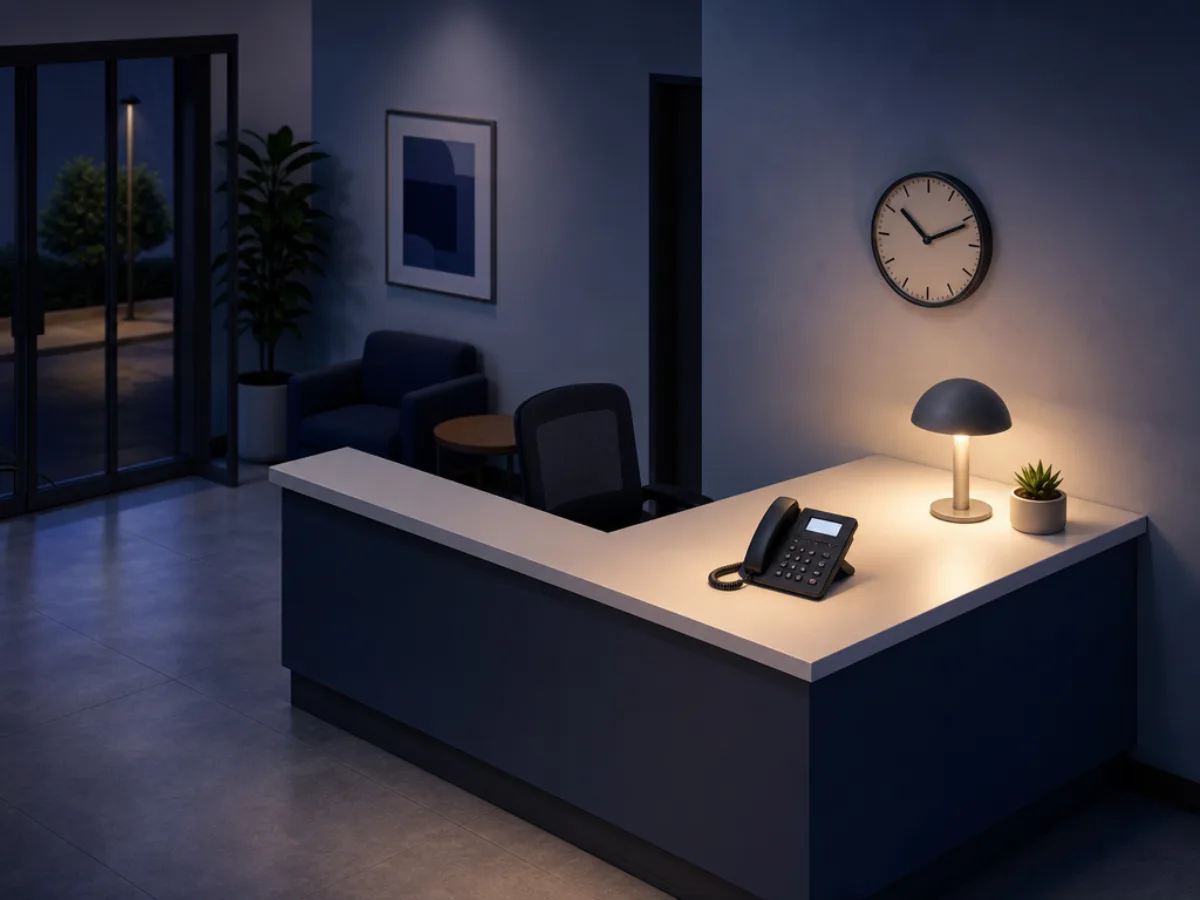A small office front desk at night with a lit phone handset and a wall clock showing after-hours