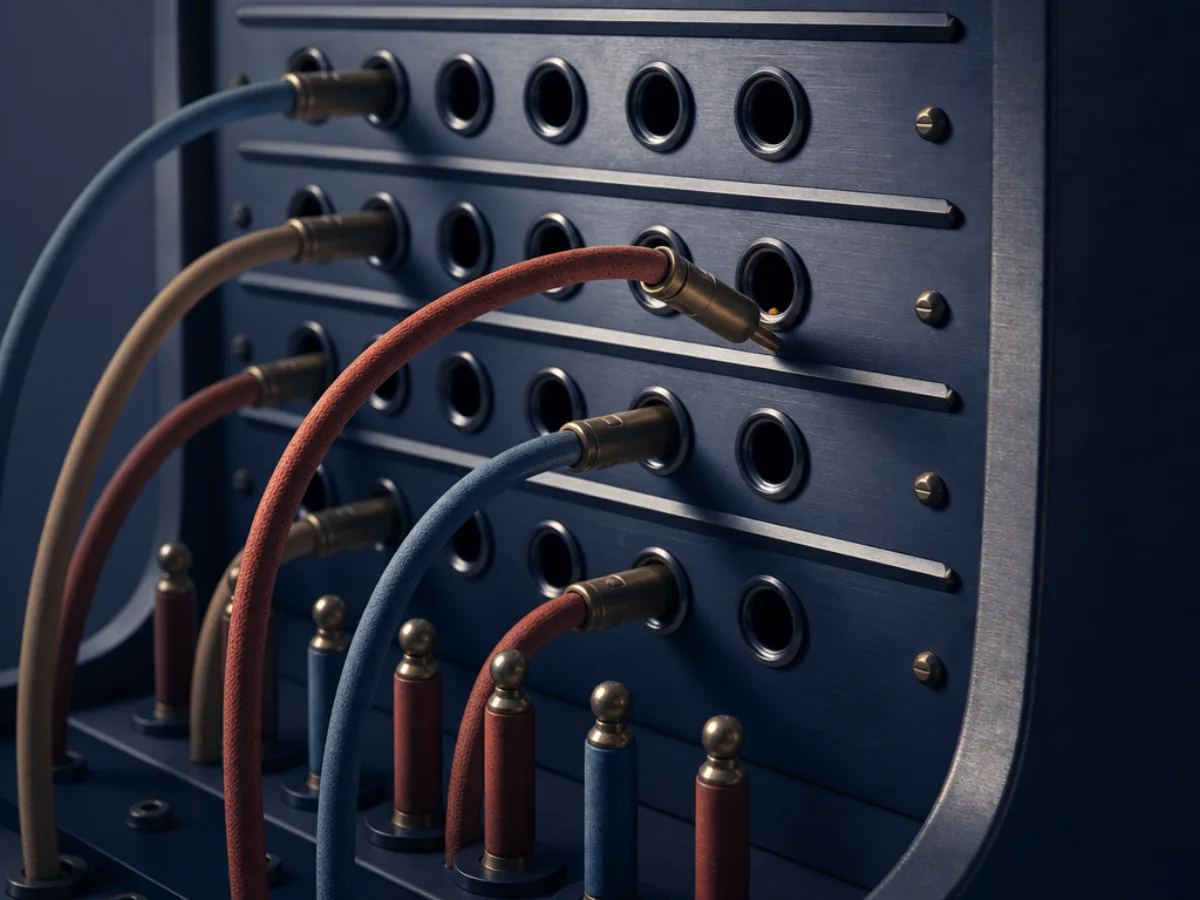 A switchboard-style patch panel with one cable being moved between two ports