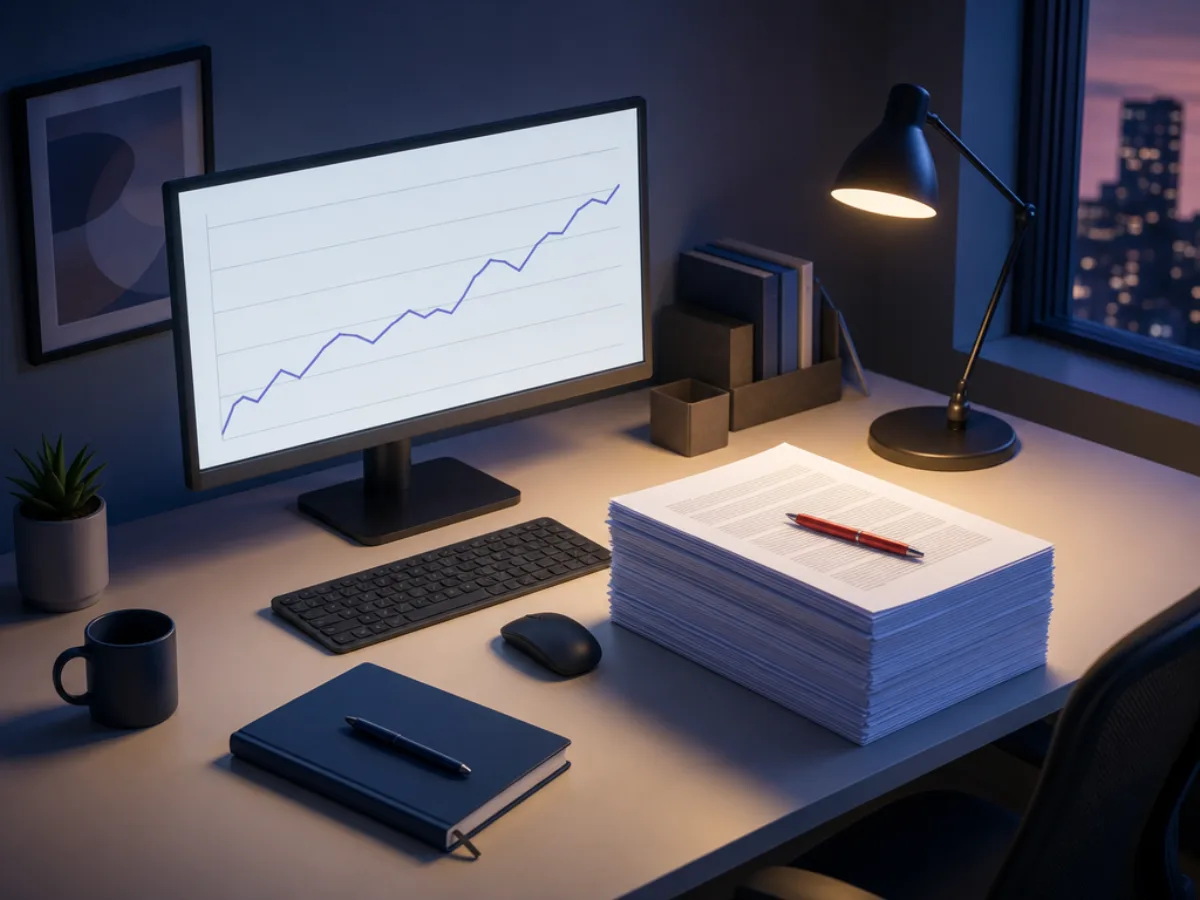 A monitor showing a simple line chart beside a printed stack of conversation transcripts