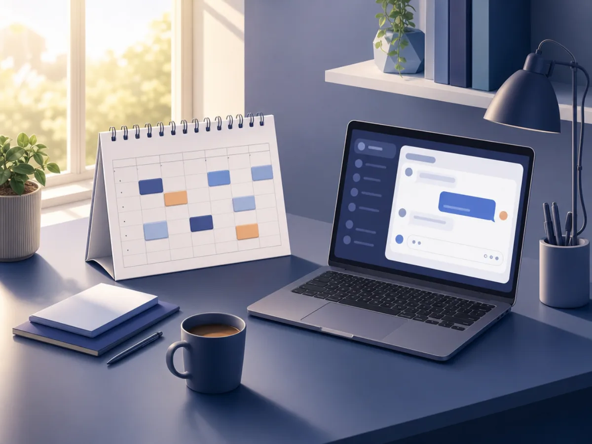 A wall calendar with several time slots marked, next to a laptop showing a chat conversation