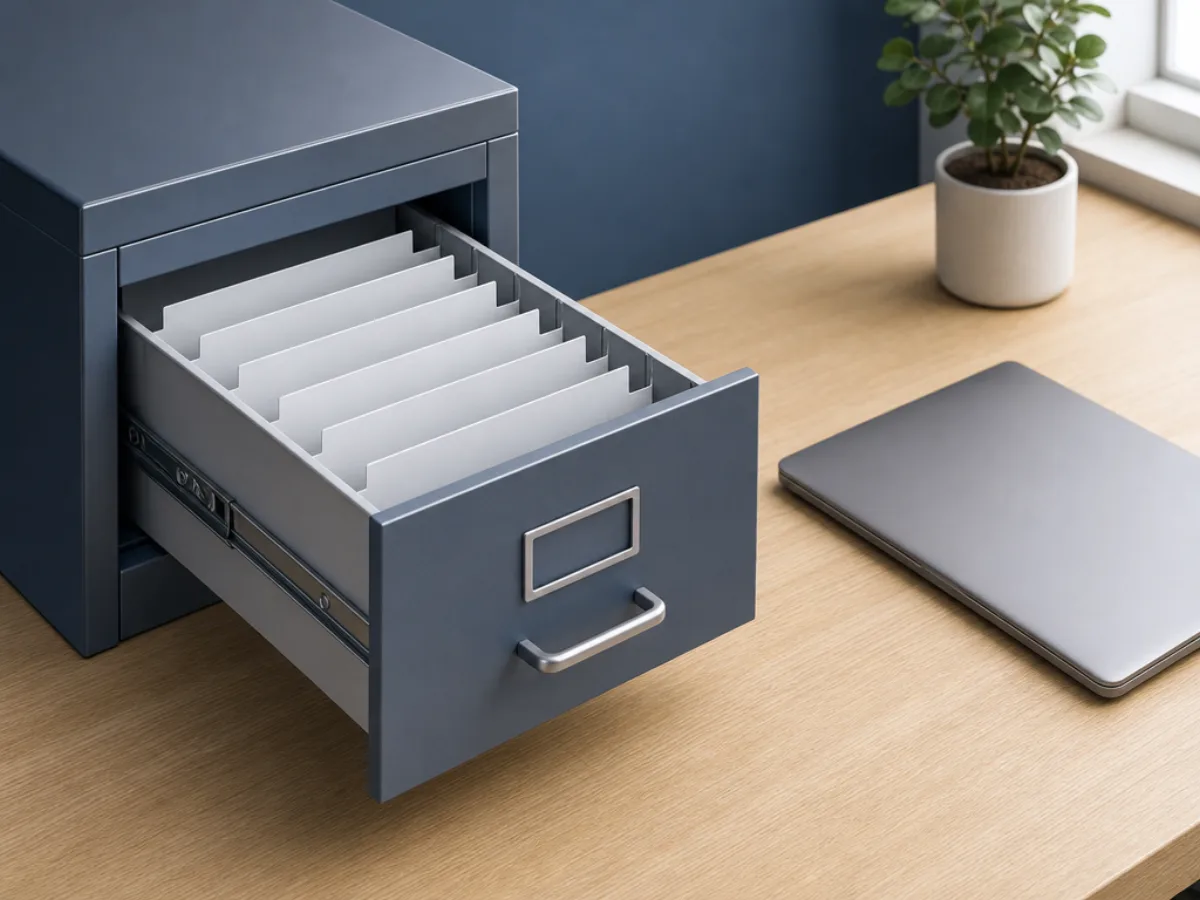 An open filing drawer with neatly labeled dividers beside a laptop on a plain desk