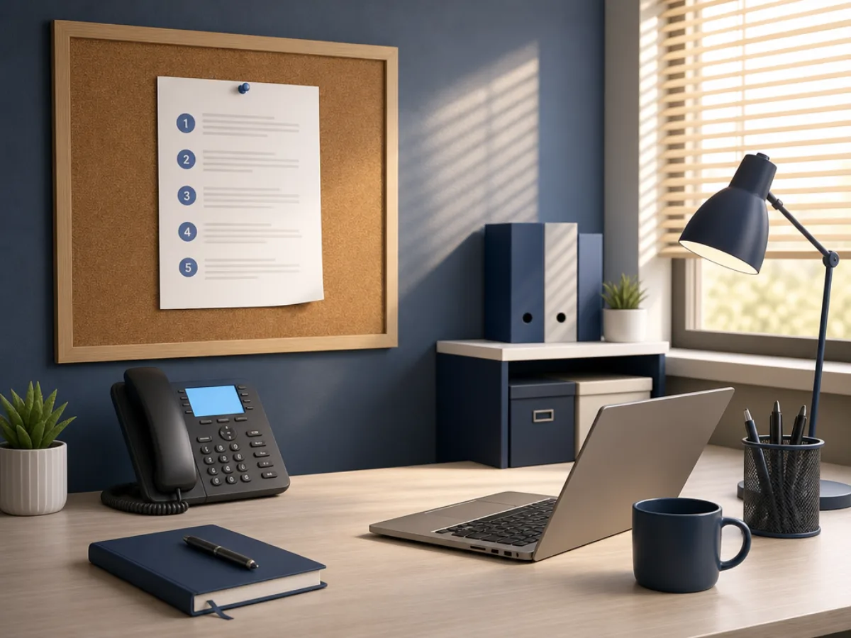 A printed page of instructions pinned to a corkboard above a desk phone in a small office