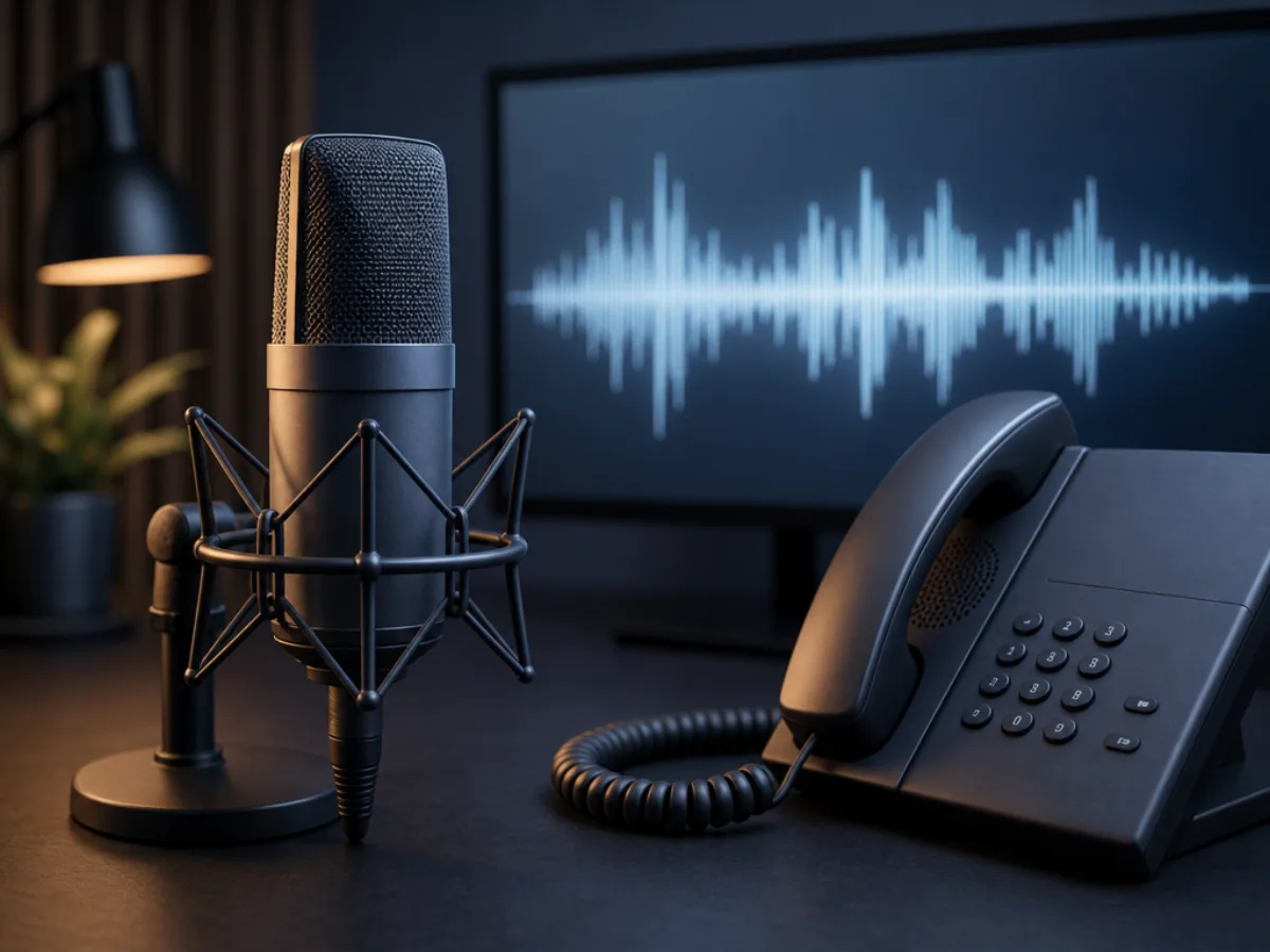 A studio microphone beside a desk phone handset, with a waveform display glowing in the background