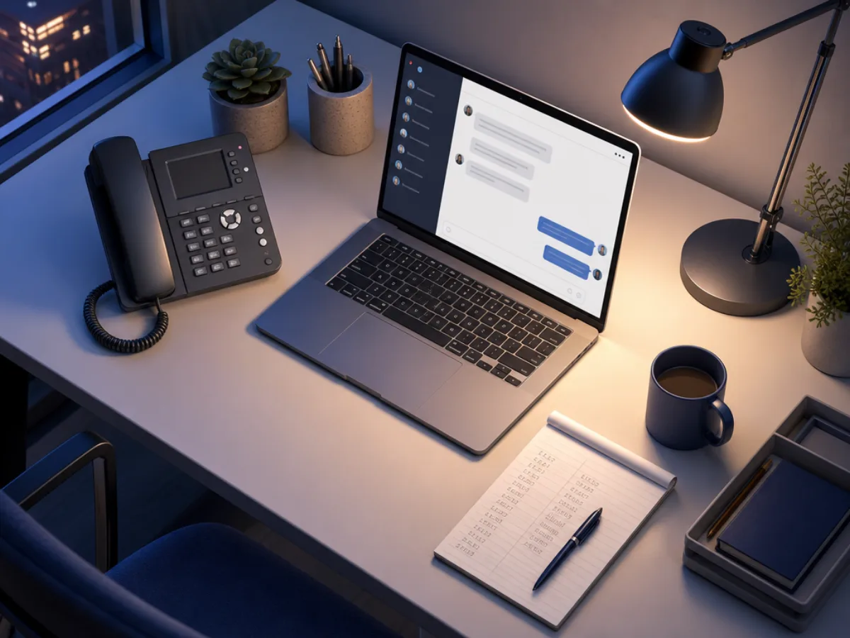 A workbench with a desk phone, a laptop showing a chat window, and a notepad of handwritten cost figures