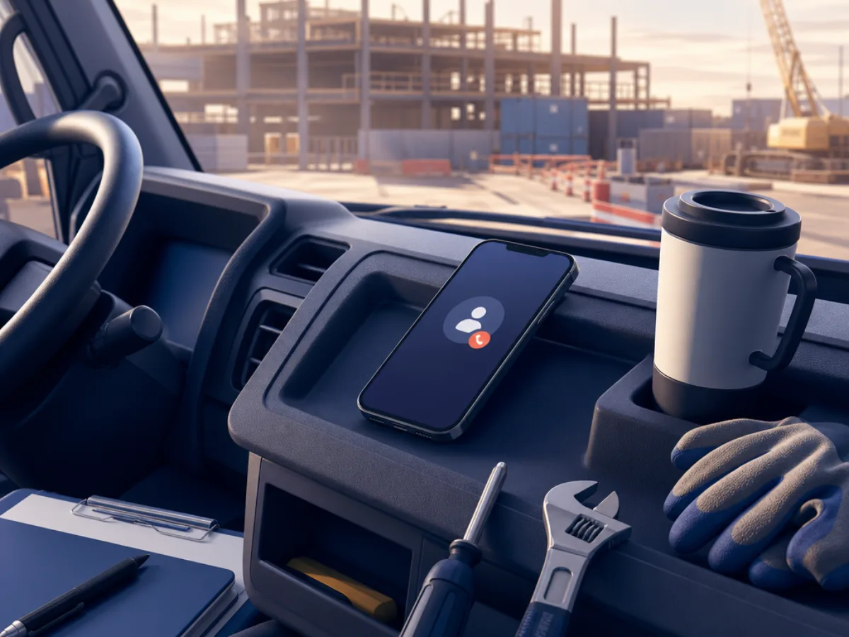 A contractor's phone on a truck dashboard showing a missed call notification and an outgoing text