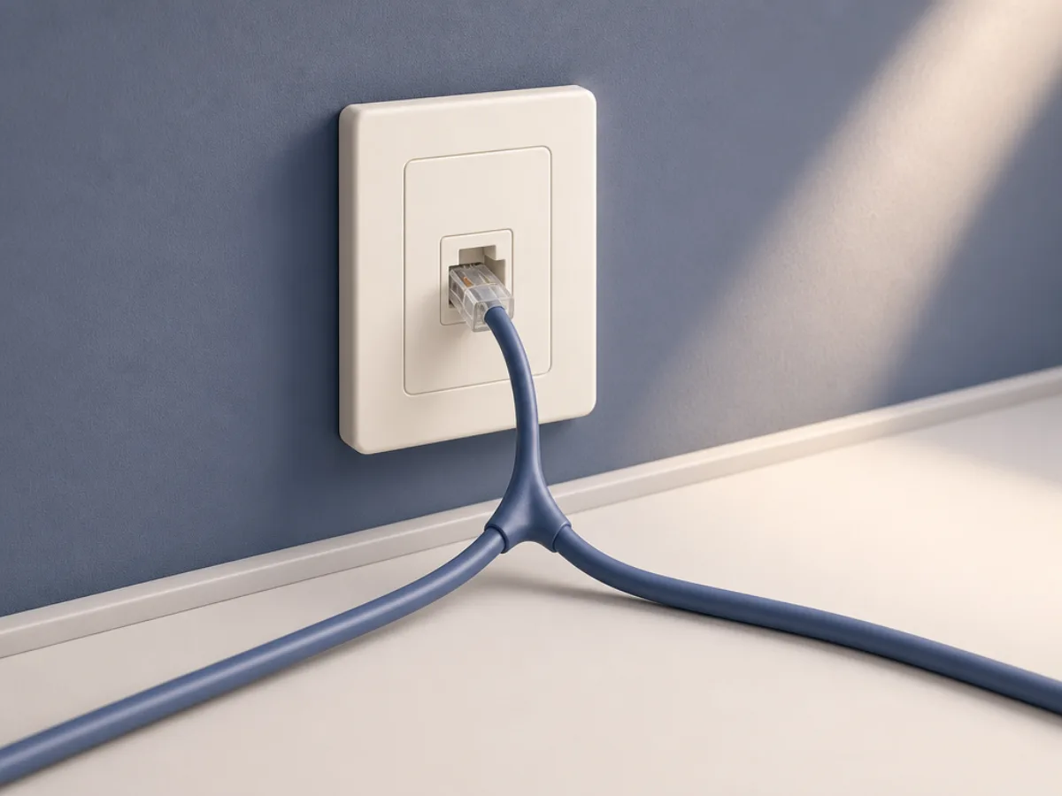 A wall-mounted phone jack with a cable splitting into two paths