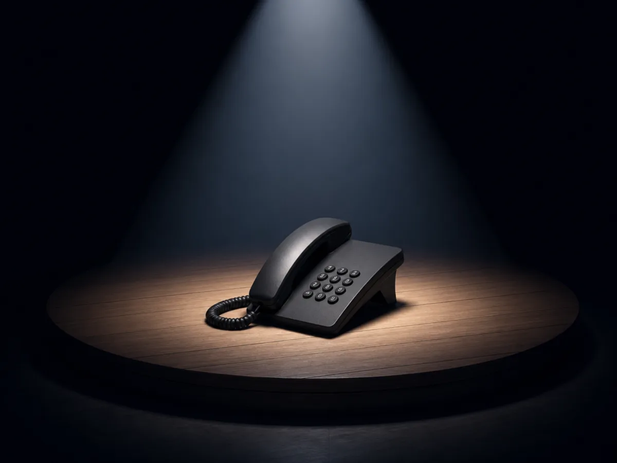 A single desk phone under a spotlight on a dark empty stage