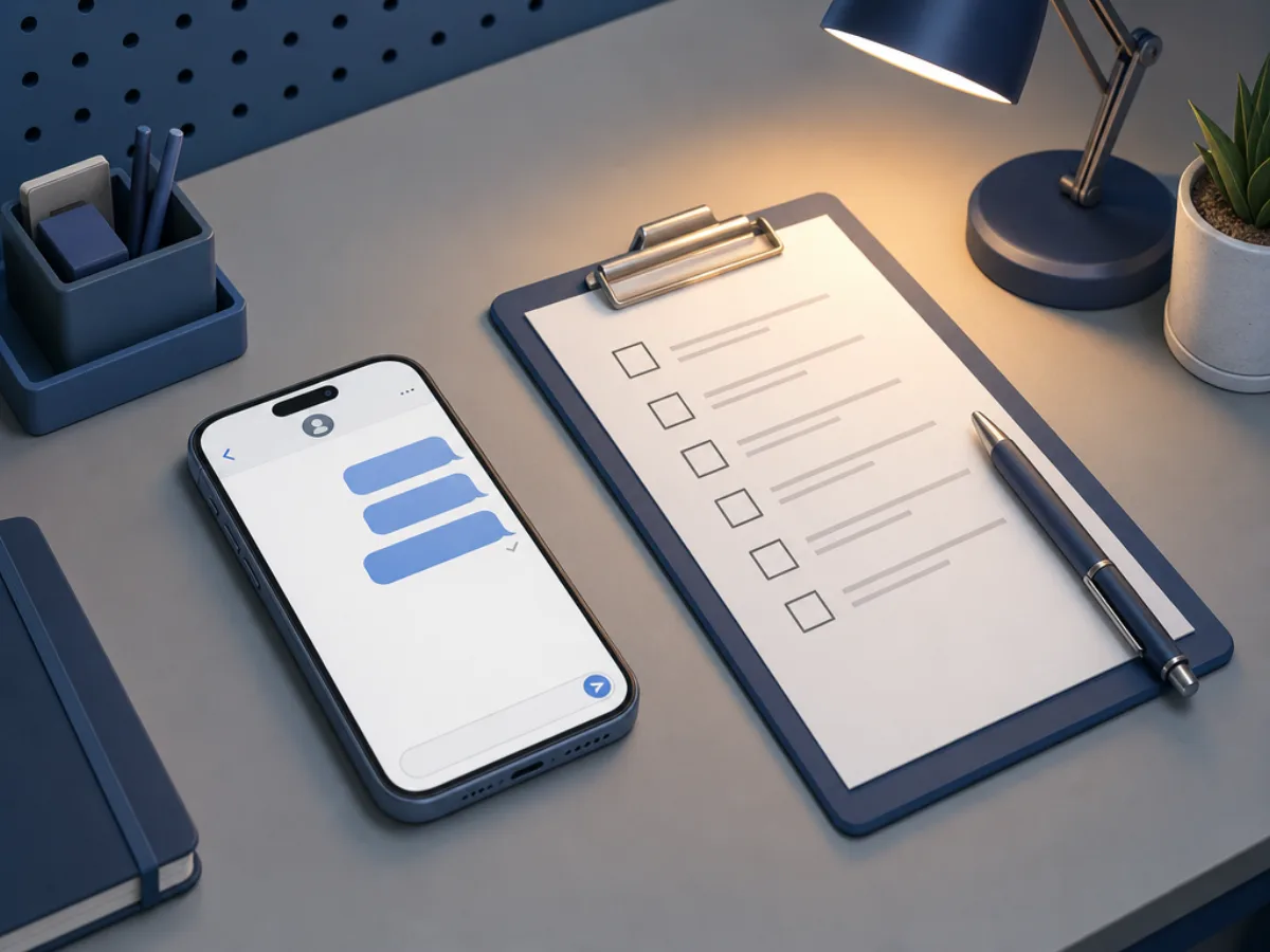 A phone on a workbench showing an outgoing text message next to a printed consent checklist