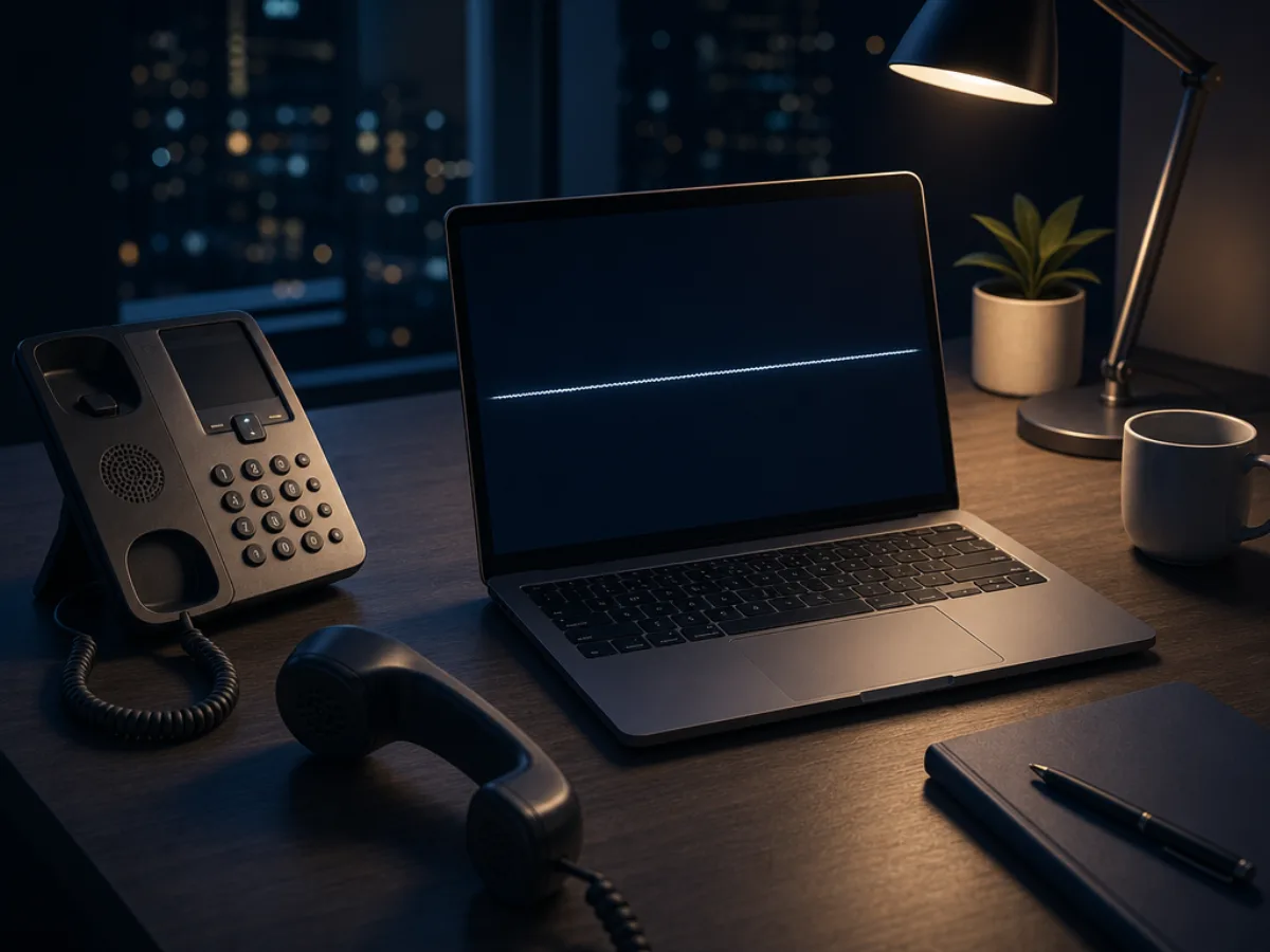 A desk phone off the hook next to a laptop showing a flat audio waveform