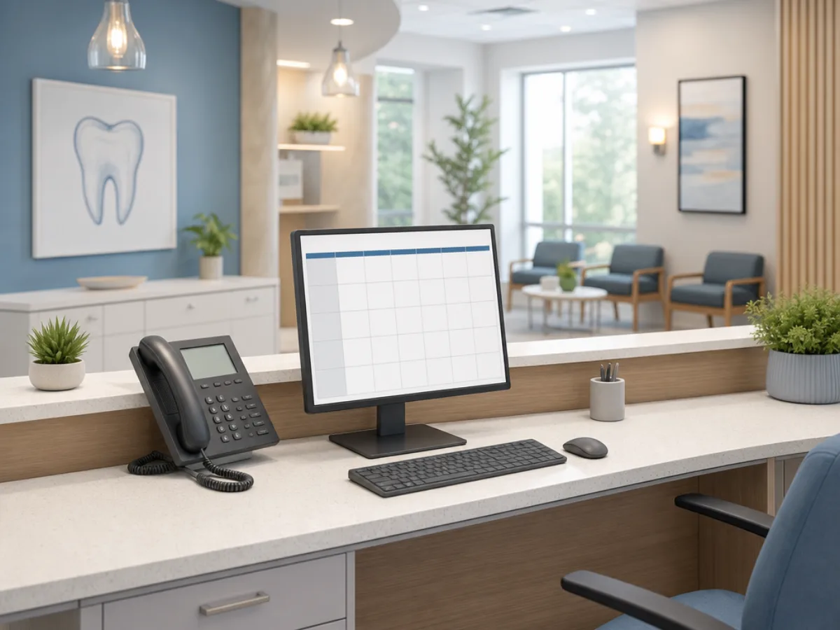 A dental office reception counter with a phone, an appointment monitor, and a small waiting area behind it.