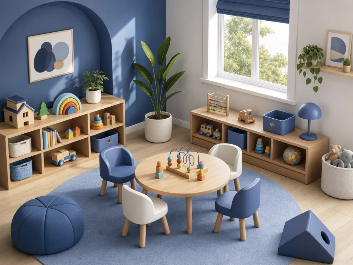 A sunny playroom with low shelves of toys and small chairs around a low table