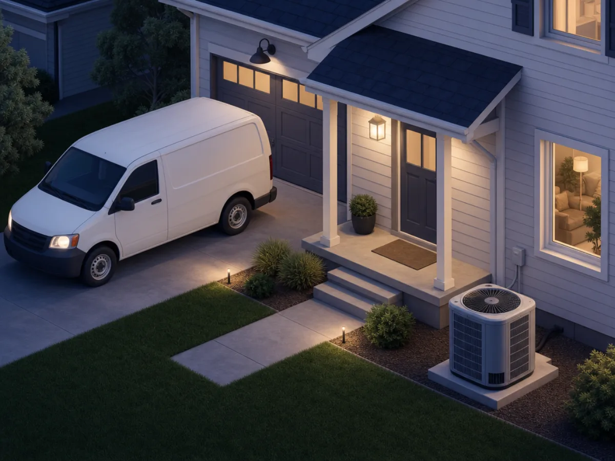 A rooftop condenser unit at dusk with a service van parked below