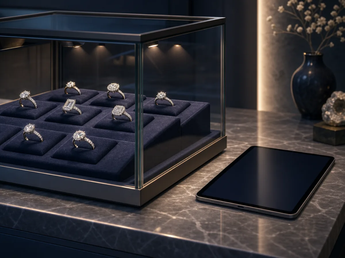 A jewelry display case with rings on velvet under focused lighting, a tablet resting on the counter beside it.