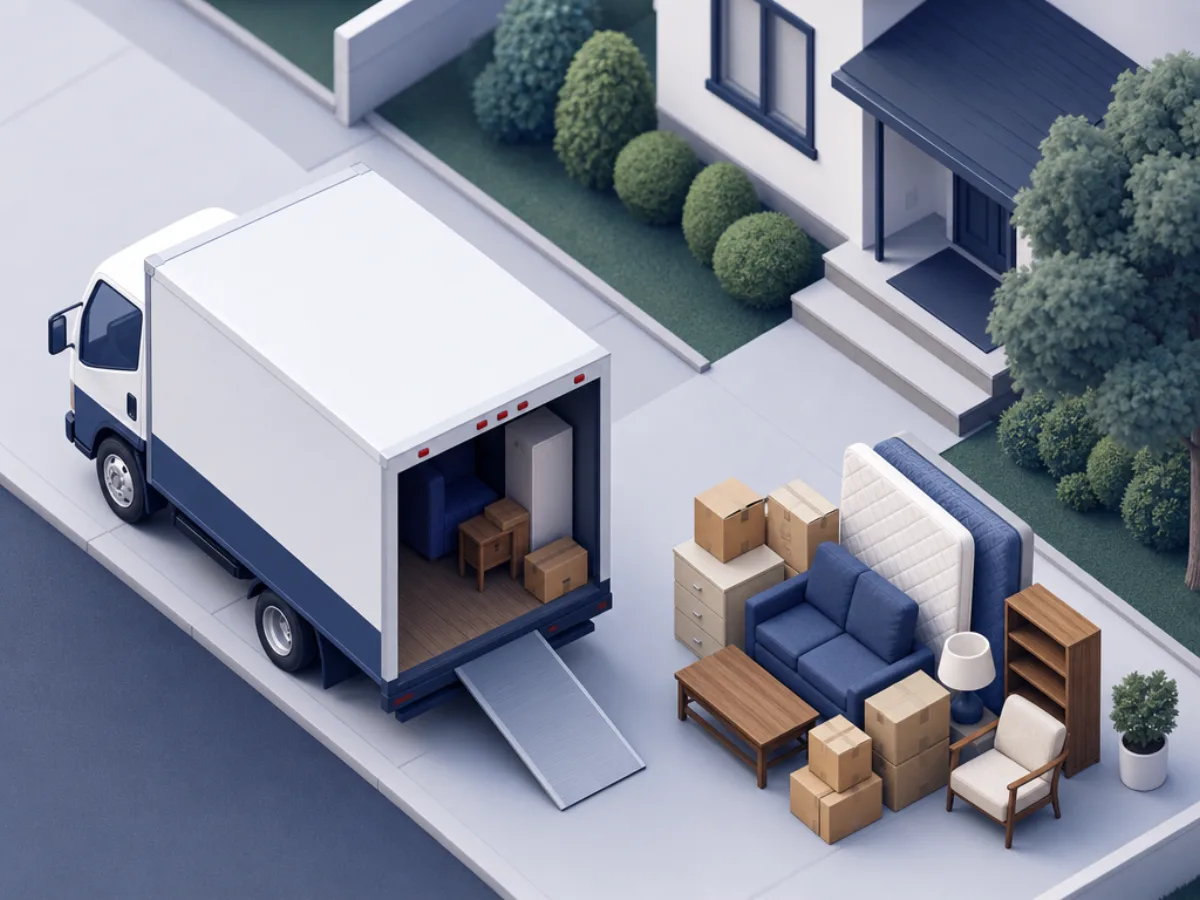 An open box truck backed into a driveway beside a pile of old furniture and boxes ready for loading