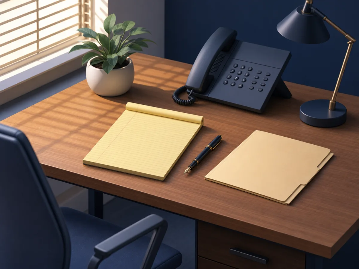 A desk with a legal pad, a closed folder, and a telephone in warm afternoon light