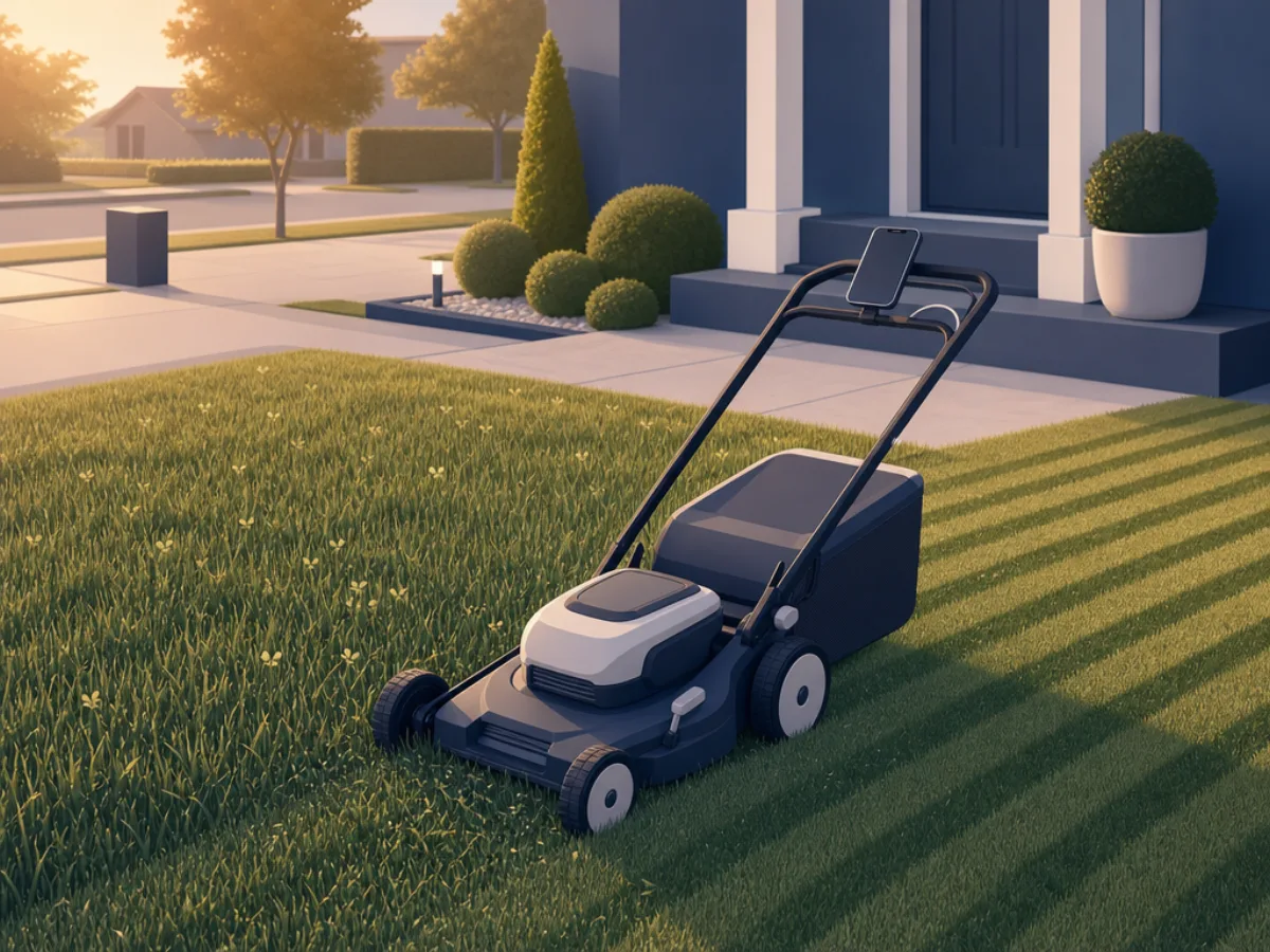 A push mower parked on a half-cut suburban lawn at golden hour with a phone resting on the handlebar