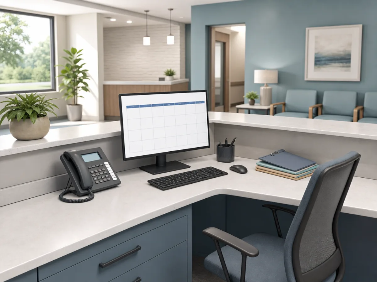 An empty clinic front desk with a phone, a scheduling monitor, and a stack of intake clipboards.