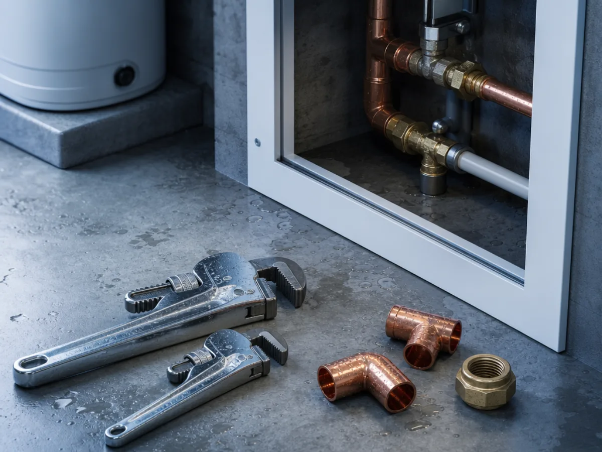 A wrench and pipe fittings on a wet basement floor beside an open access panel