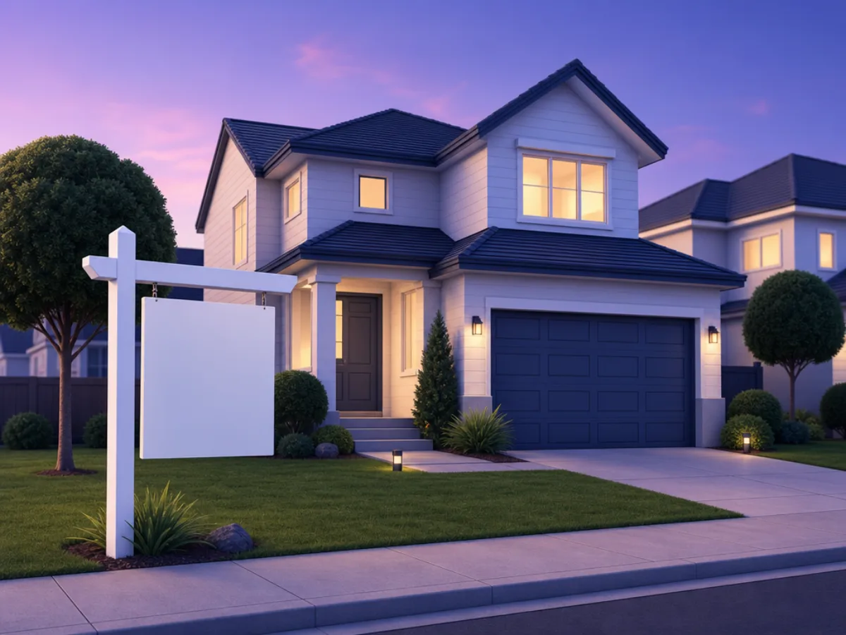A sign post in front of a suburban house at dusk with warm light in the windows