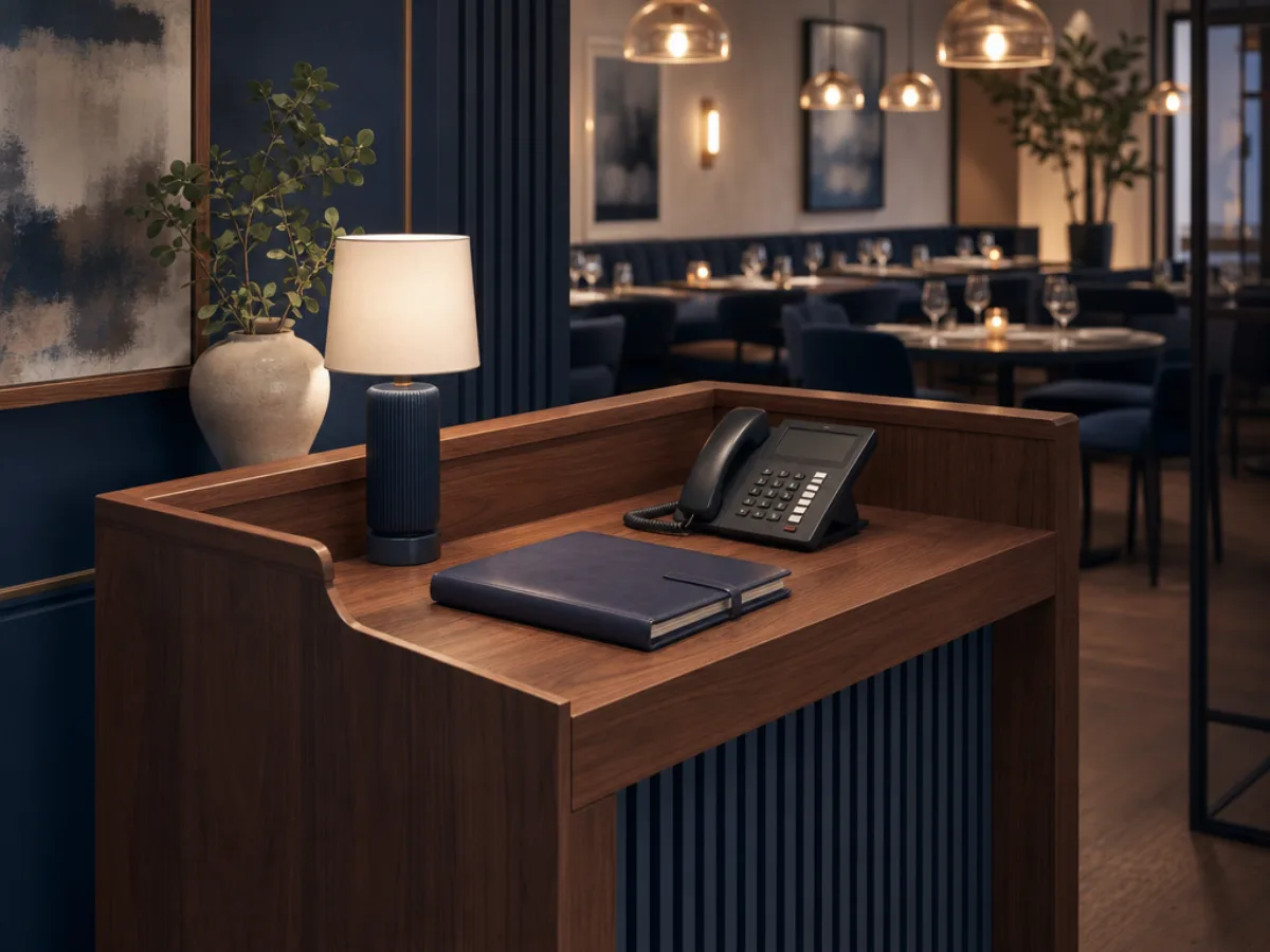 A restaurant host stand with a reservation book and a ringing phone during service