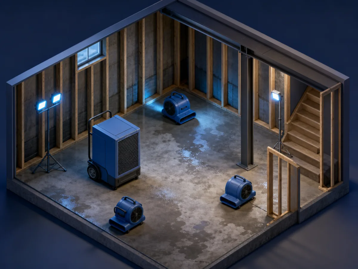 Industrial air movers and a dehumidifier running in a stripped-out basement with exposed studs