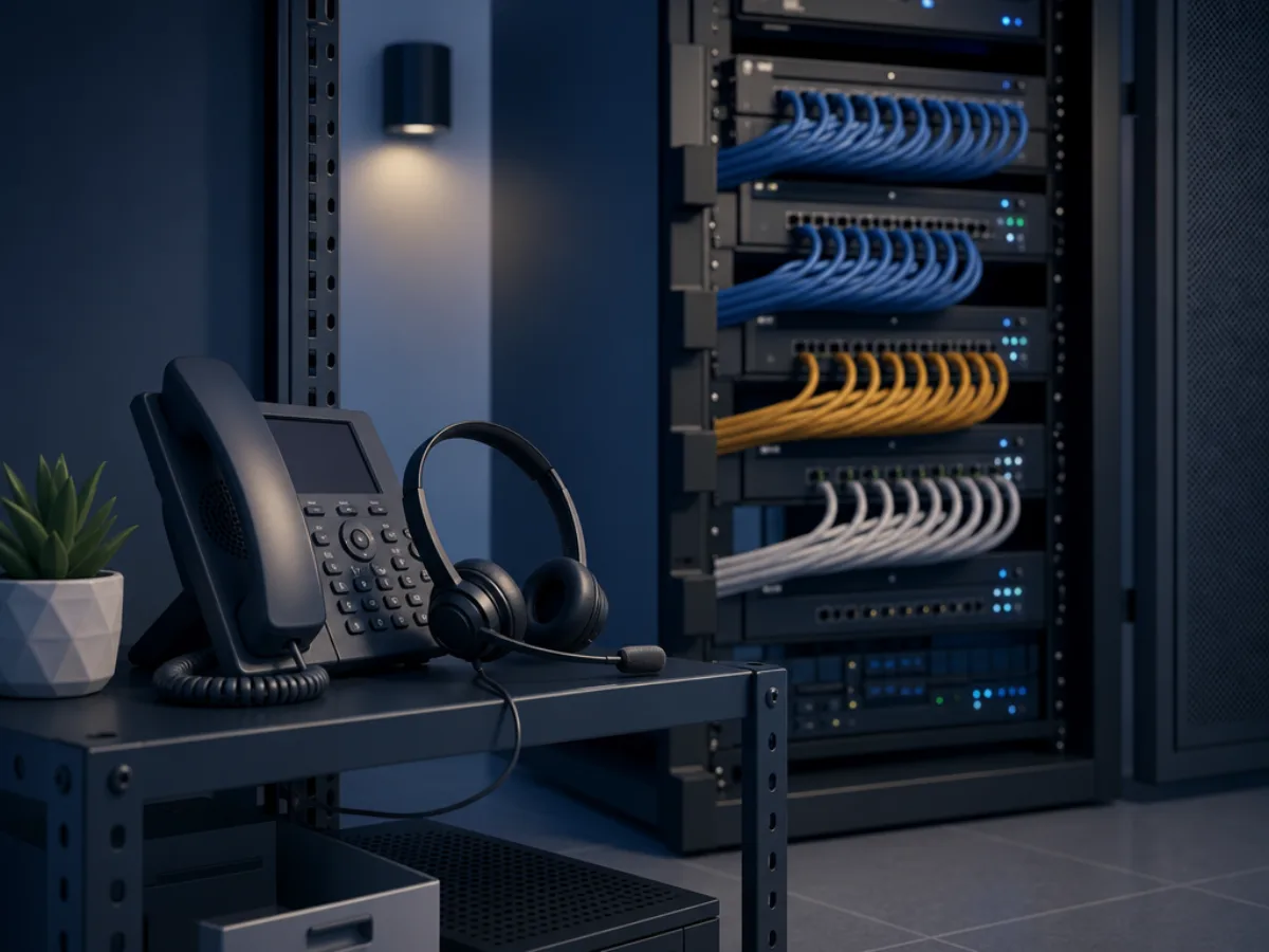 A rack of telecom equipment with softly glowing status lights next to a desk phone and a headset.