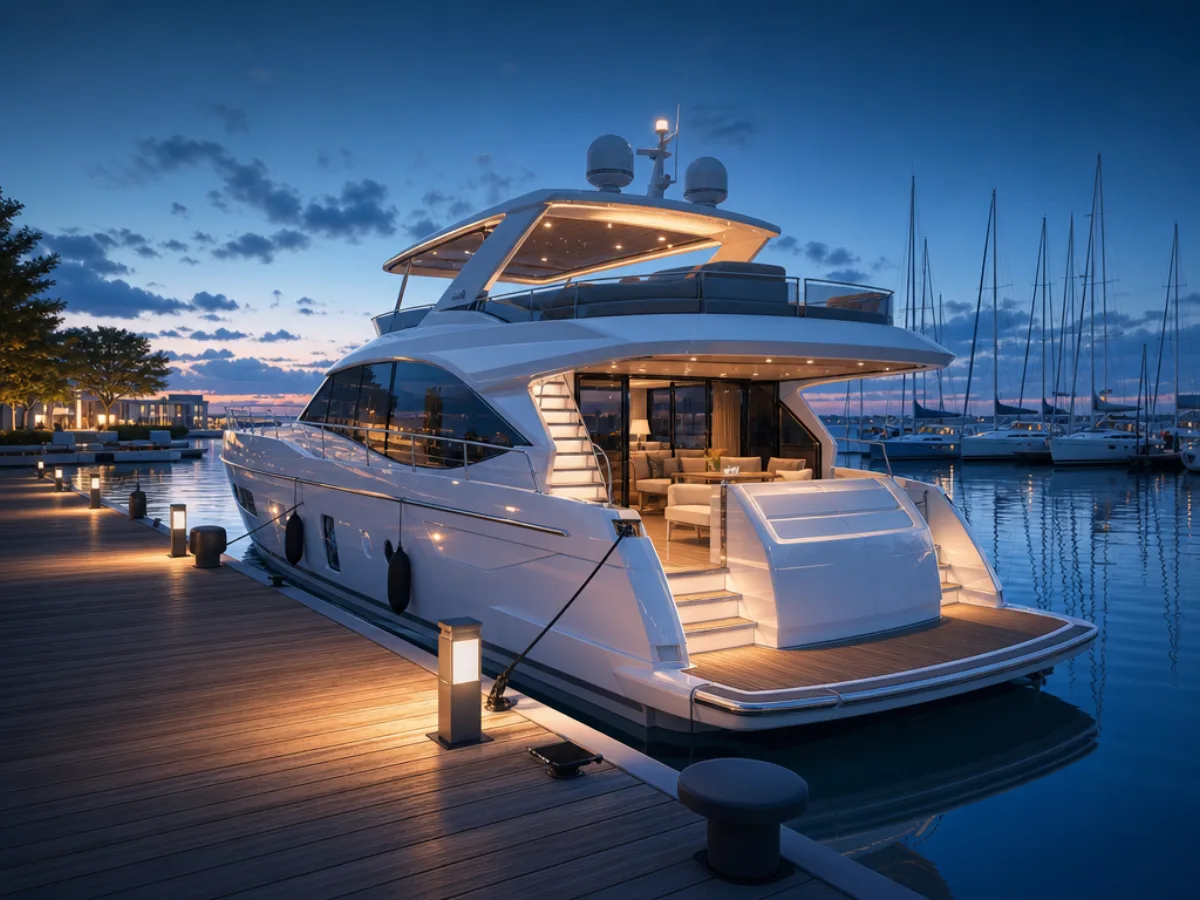 A motor yacht tied up at a marina dock at dusk with other masts in the background.