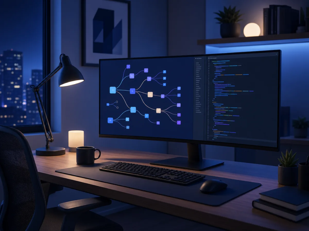 A large monitor showing a branching flowchart of connected nodes next to a code editor window
