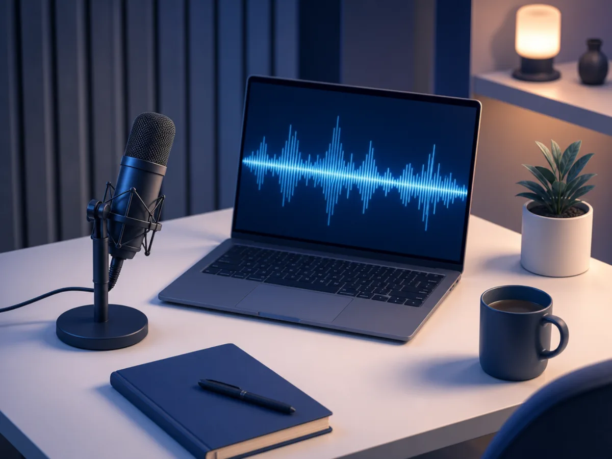 A studio microphone beside a laptop showing an audio waveform, warm desk lighting