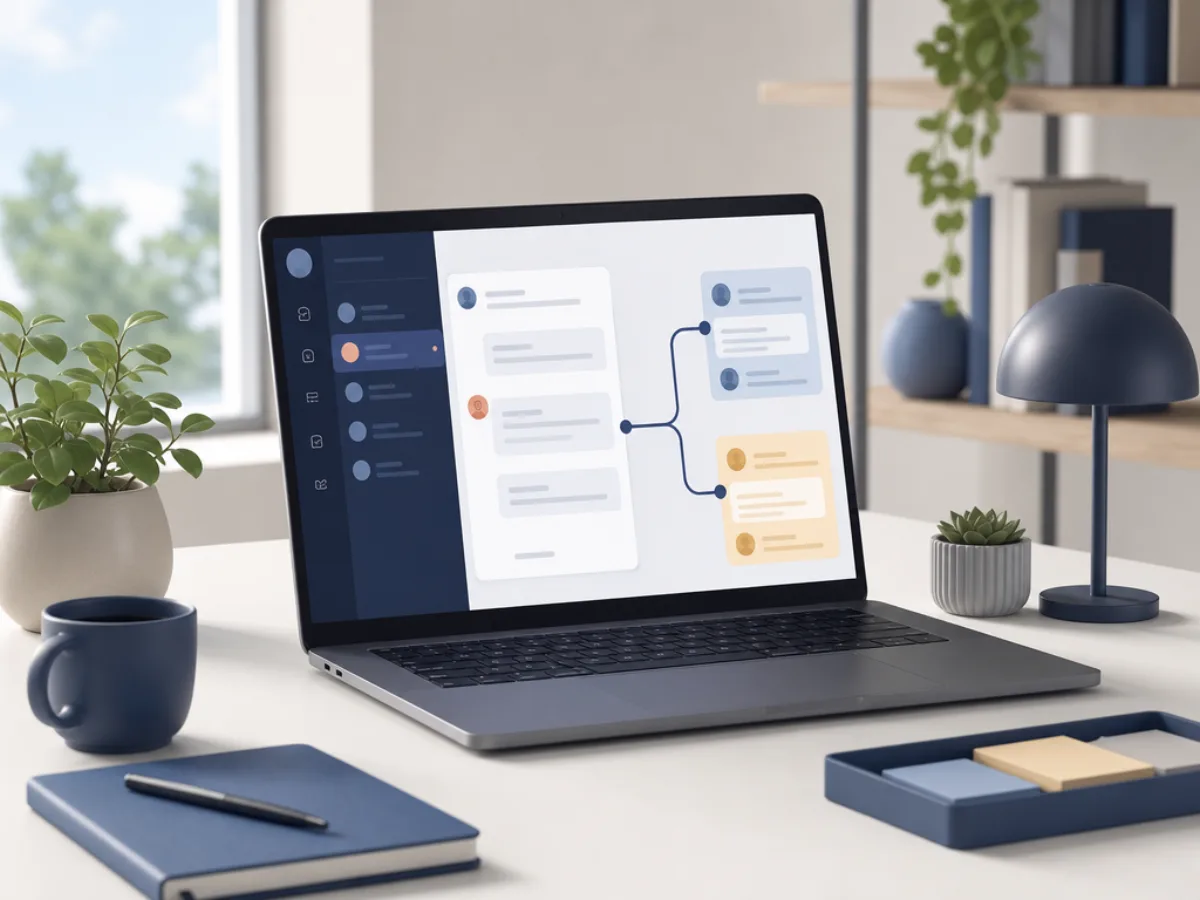 A support inbox on a laptop screen with a conversation thread being handed from a bot to a human agent