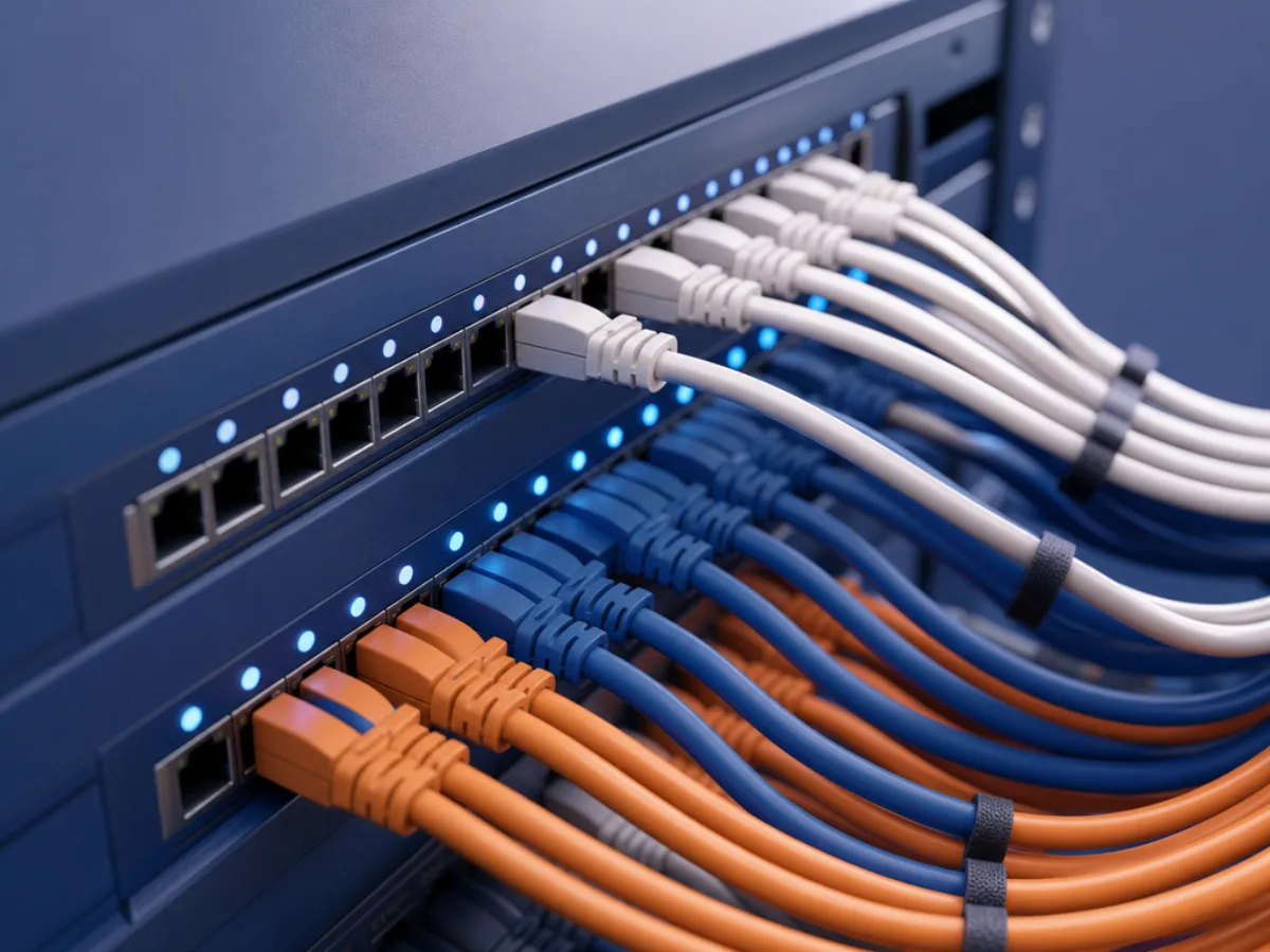 A patch panel with colored cables running between ports, photographed at an angle in a server room