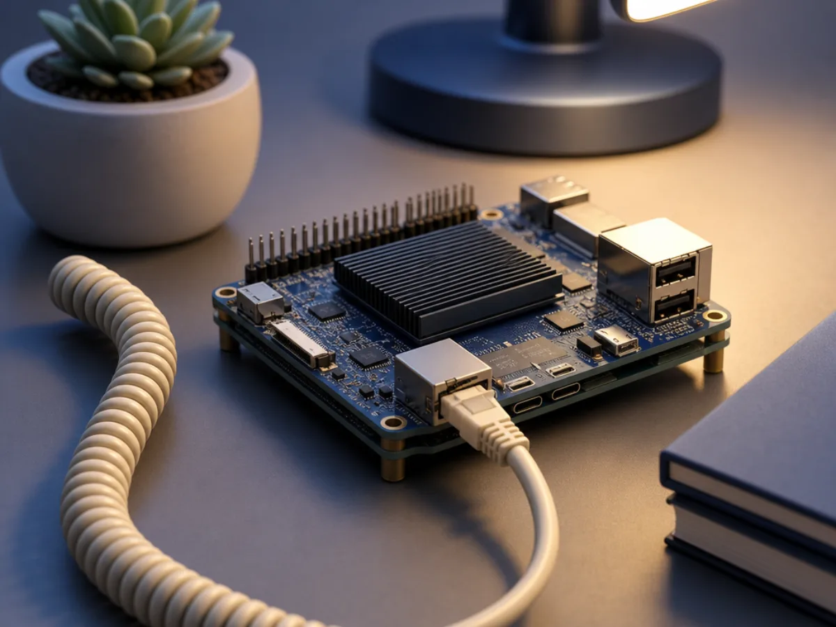 A rack-mounted server with a coiled telephone handset cord plugged into it, softly lit in a dim room