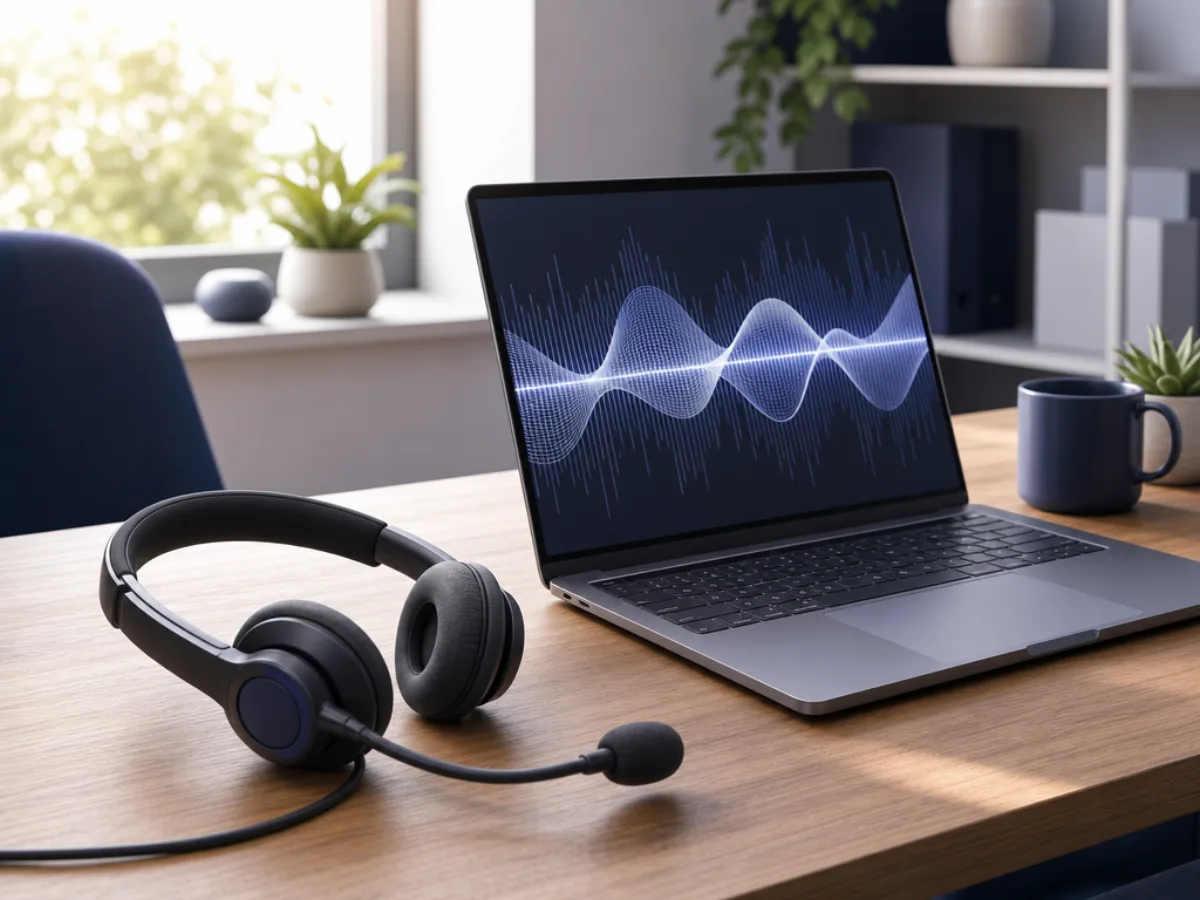 A headset resting on a desk beside a laptop showing a waveform, with a coffee cup out of focus behind it