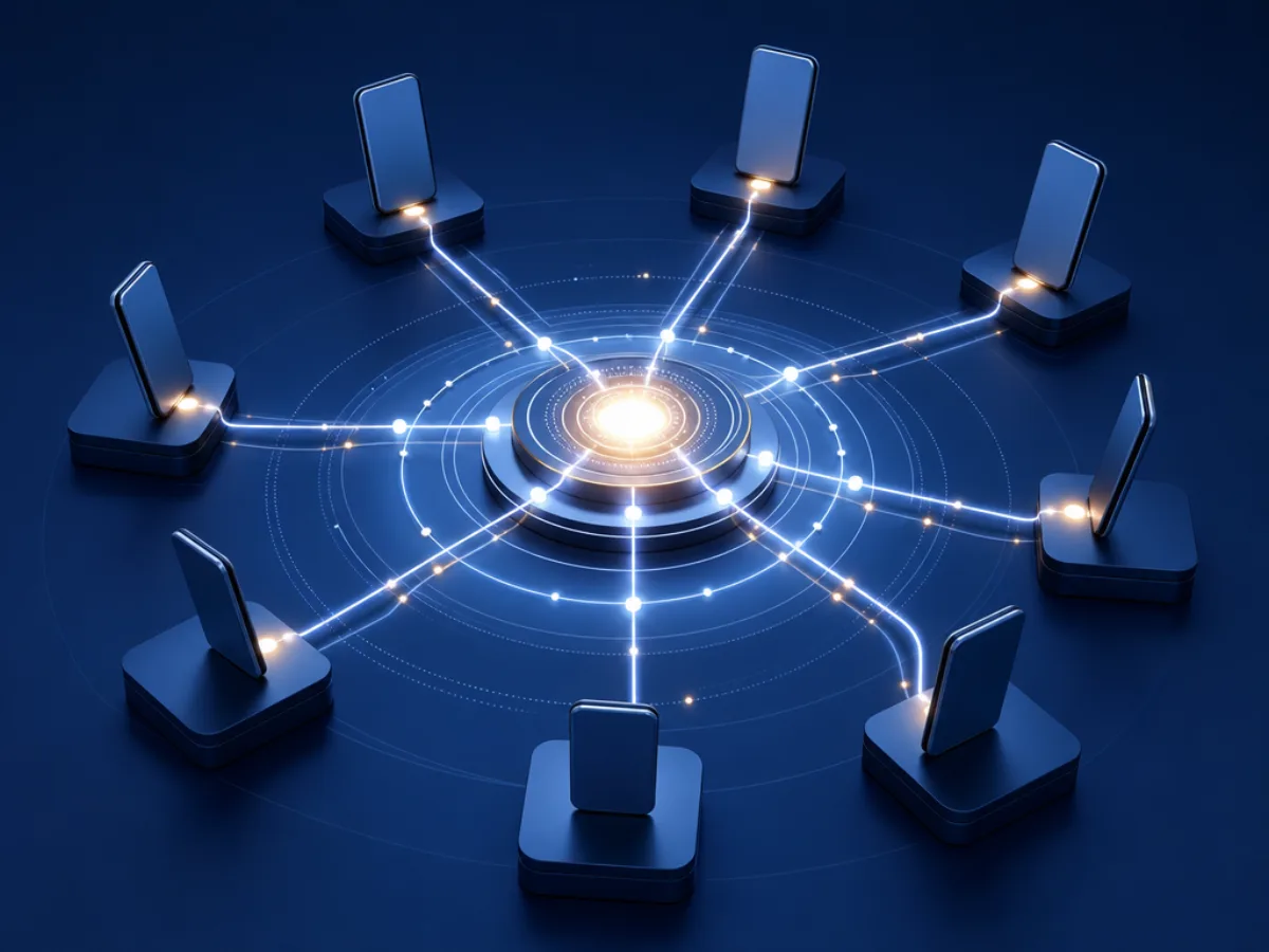 A network diagram of glowing lines connecting phone handsets to a central node