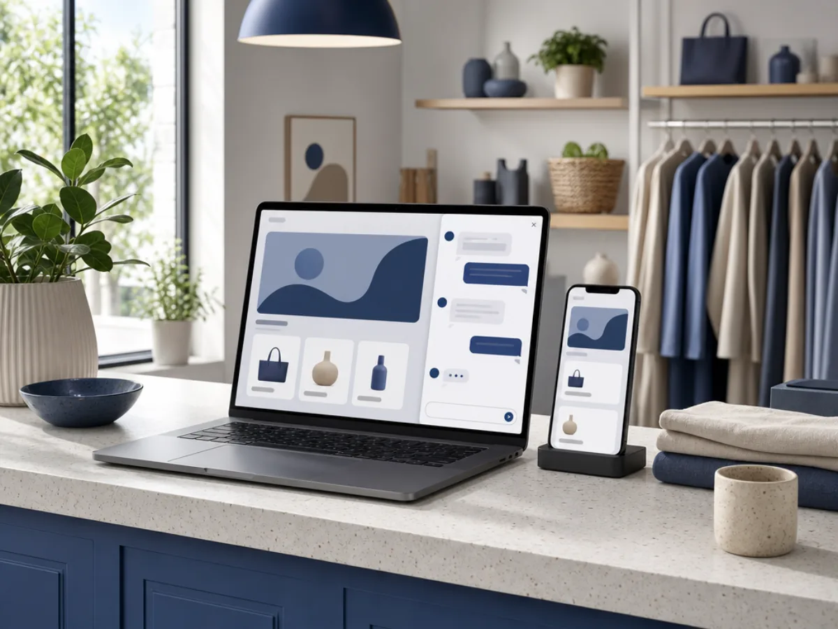 A phone and laptop side by side showing a small retail website with a chat window open