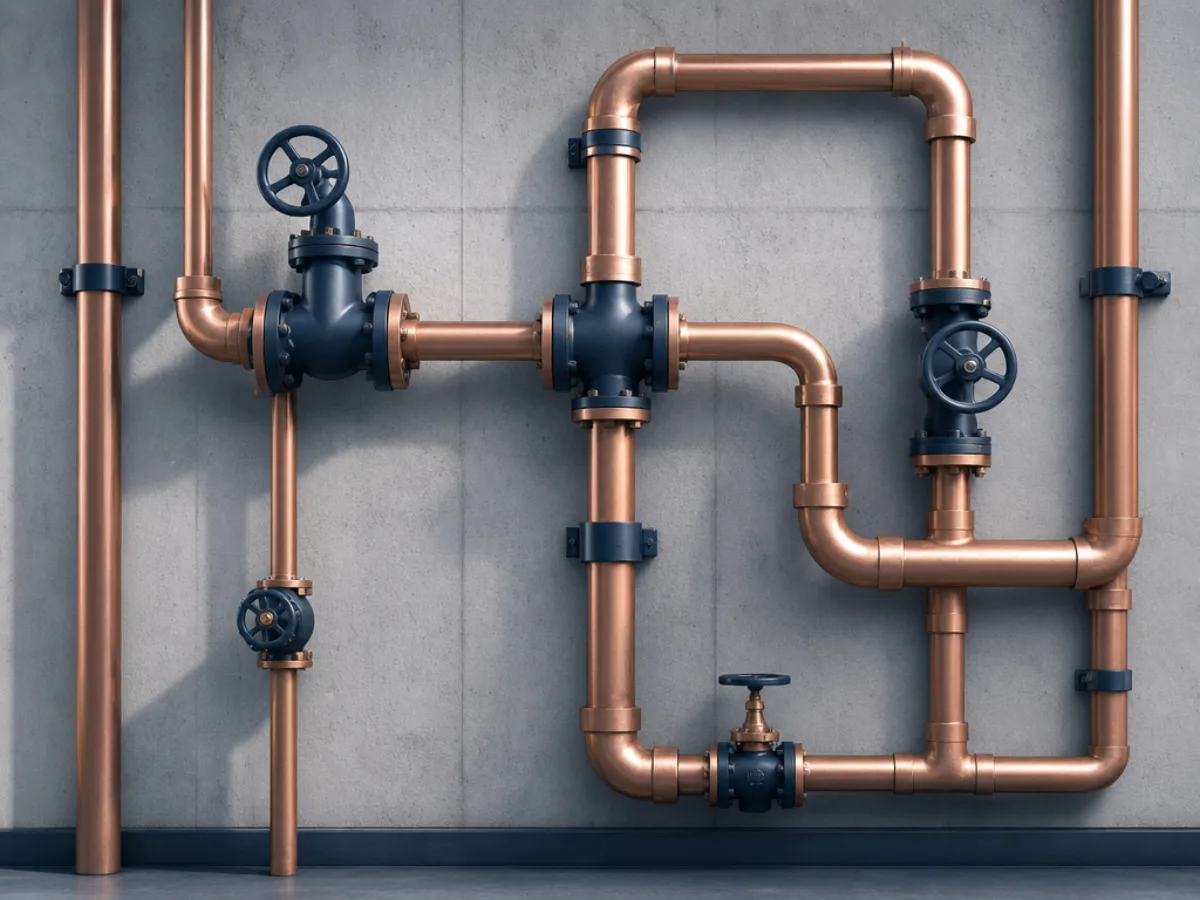 Copper pipes and valves arranged neatly against a wall, industrial and orderly