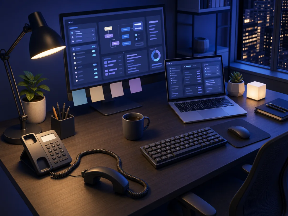 A developer's desk with a phone handset, a laptop showing config code, and sticky notes on the monitor edge