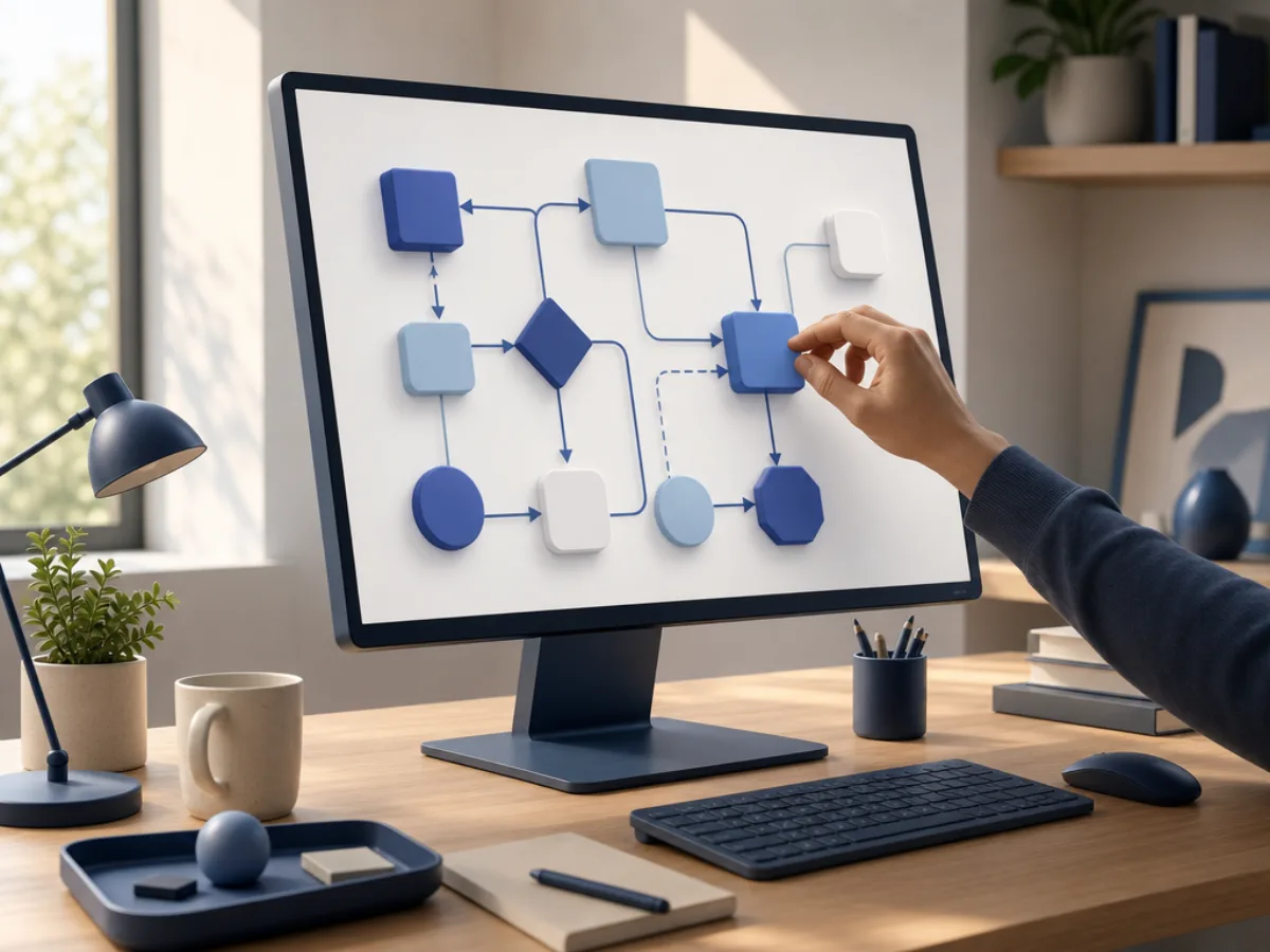 A flowchart of connected nodes on a large screen with a designer moving one block into place